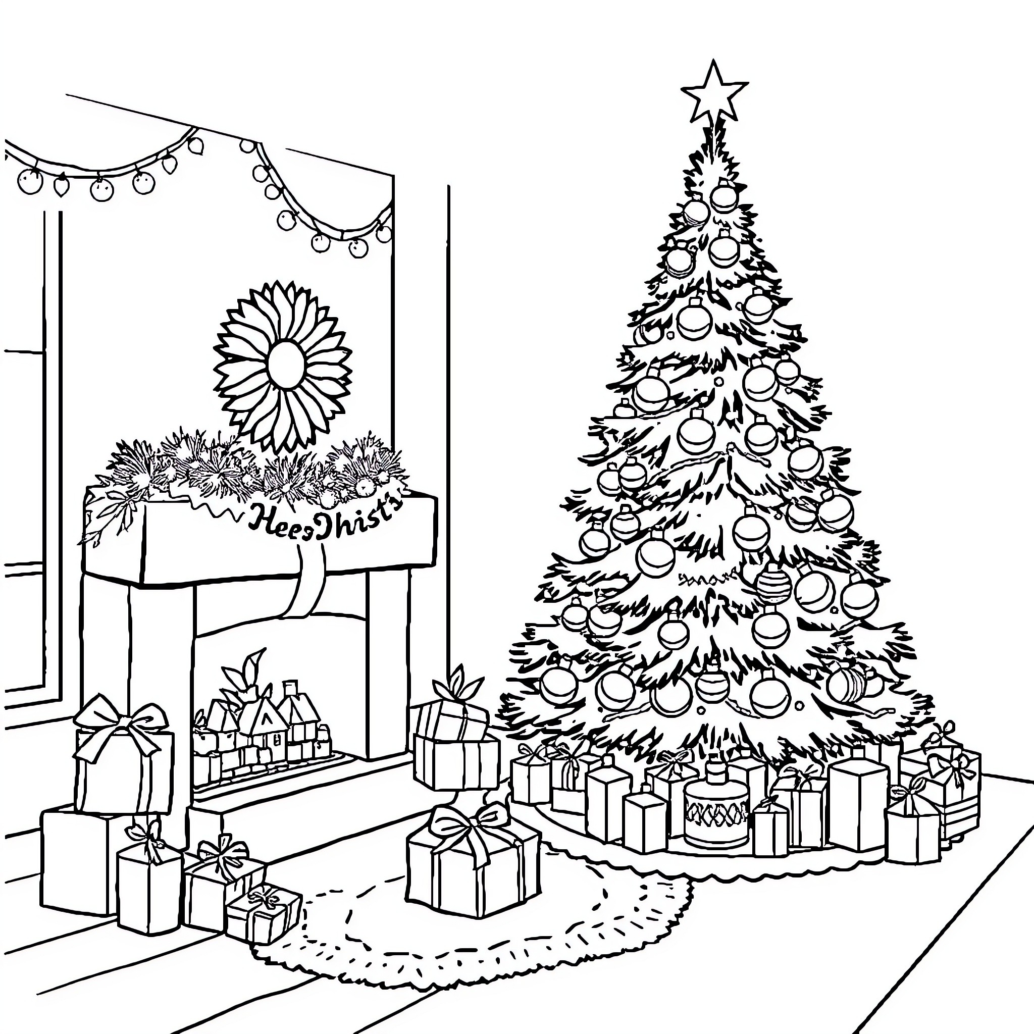 Noel's Festive Christmas Scene with Tree and Gifts Coloring Page (free black-and-white line drawing printable PDF for all, from beginners to advanced learners, including children, teens, adults, and seniors)
