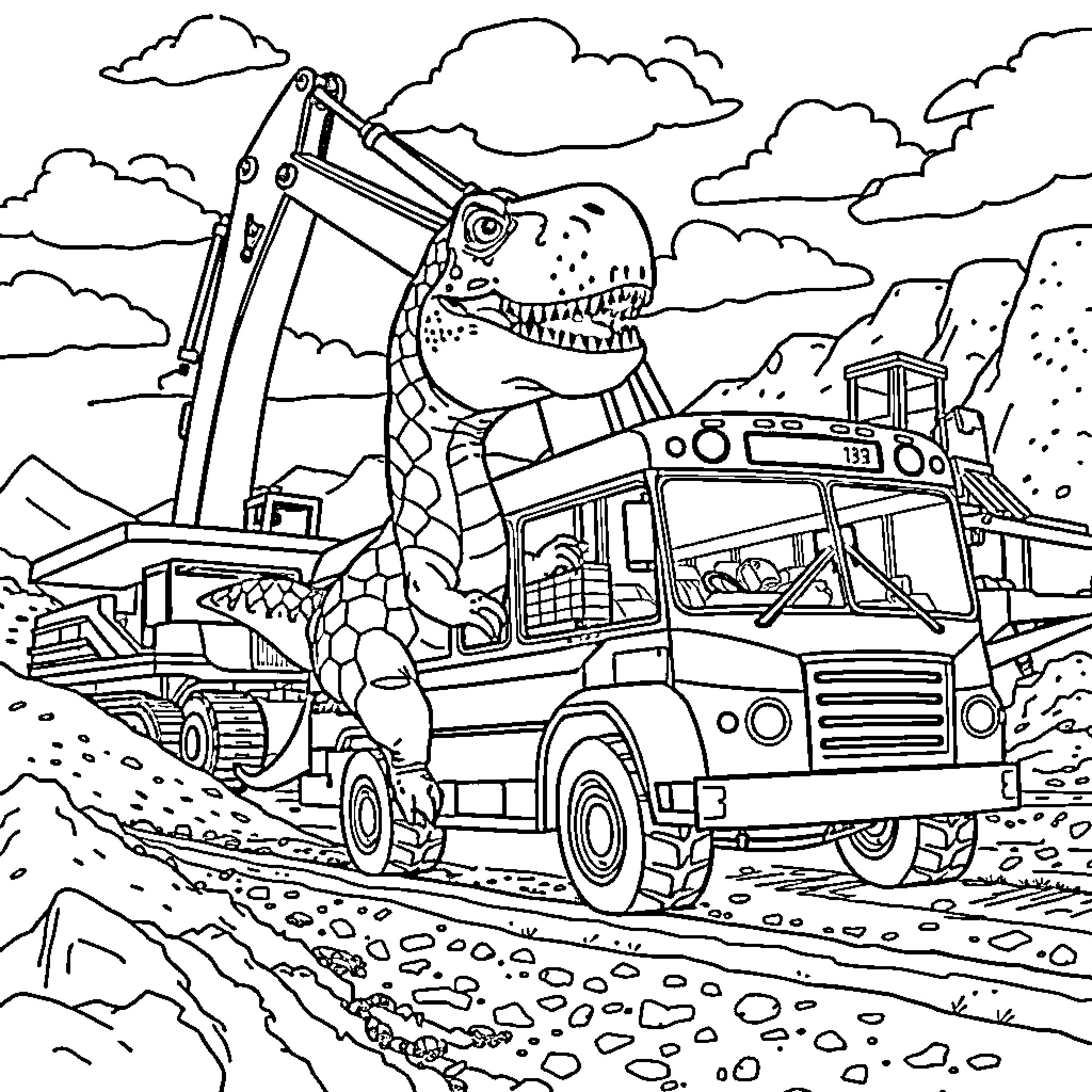 Dinosaur operating construction equipment in rugged landscape Coloring Page (free black-and-white line drawing printable PDF for all, from beginners to advanced learners, including children, teens, adults, and seniors)