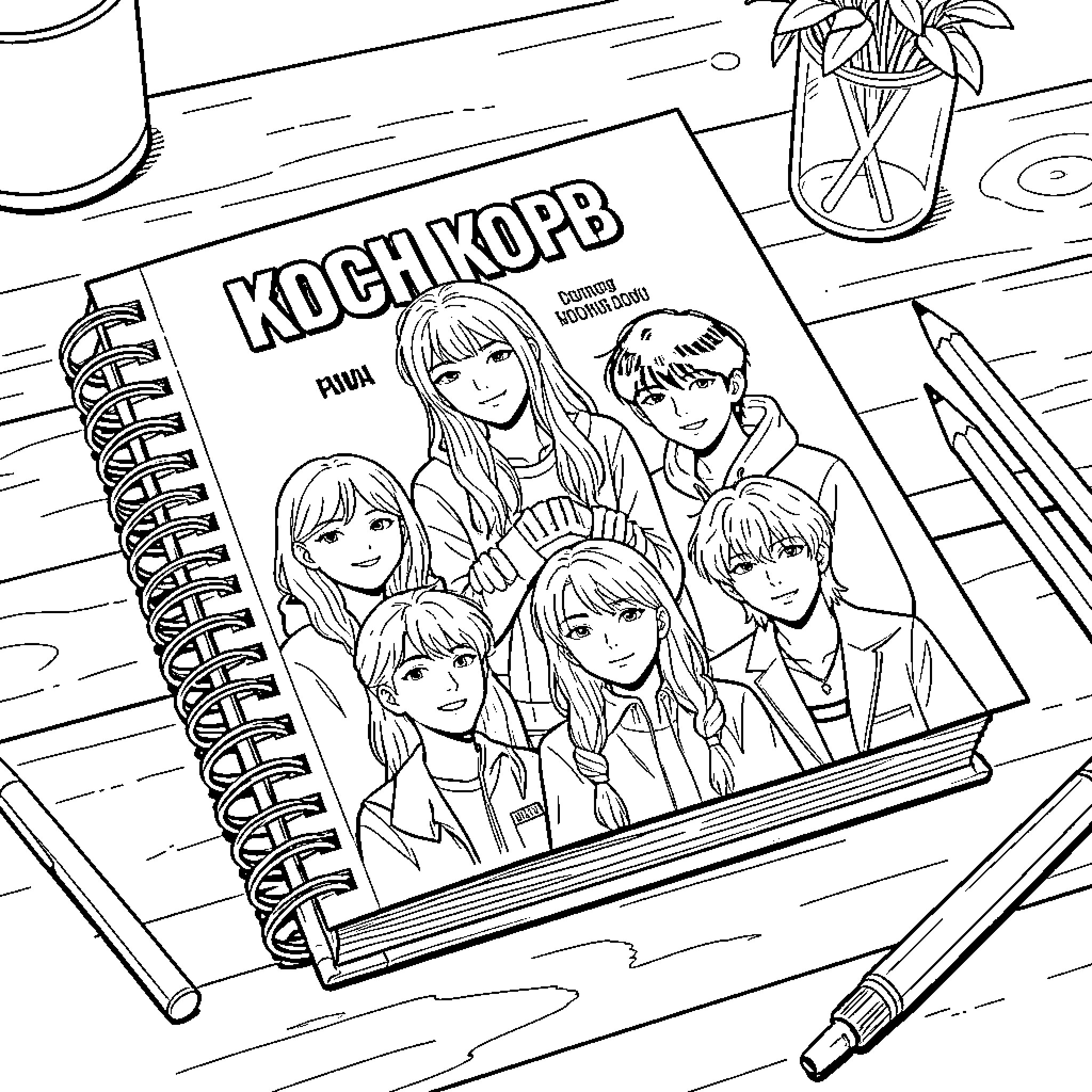 K Pop group members smiling on a notebook cover Coloring Page (free black-and-white line drawing printable PDF for all, from beginners to advanced learners, including children, teens, adults, and seniors)