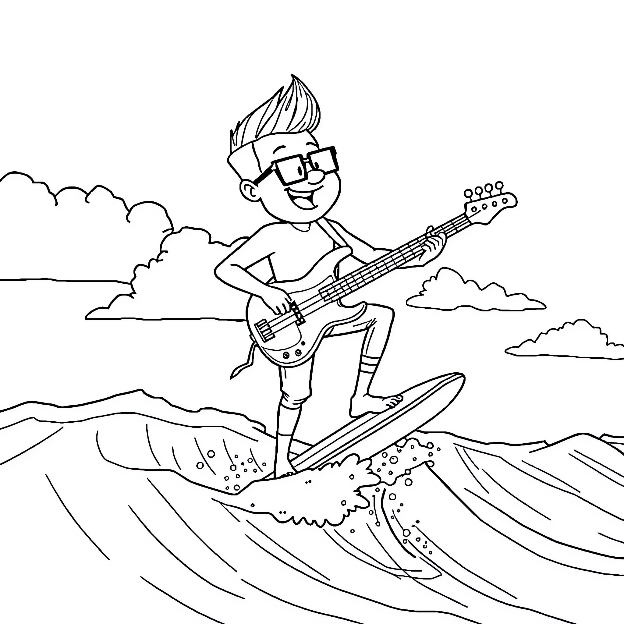 Mark Hoppus surfing and playing guitar on waves Coloring Page (free black-and-white line drawing printable PDF for all, from beginners to advanced learners, including children, teens, adults, and seniors)