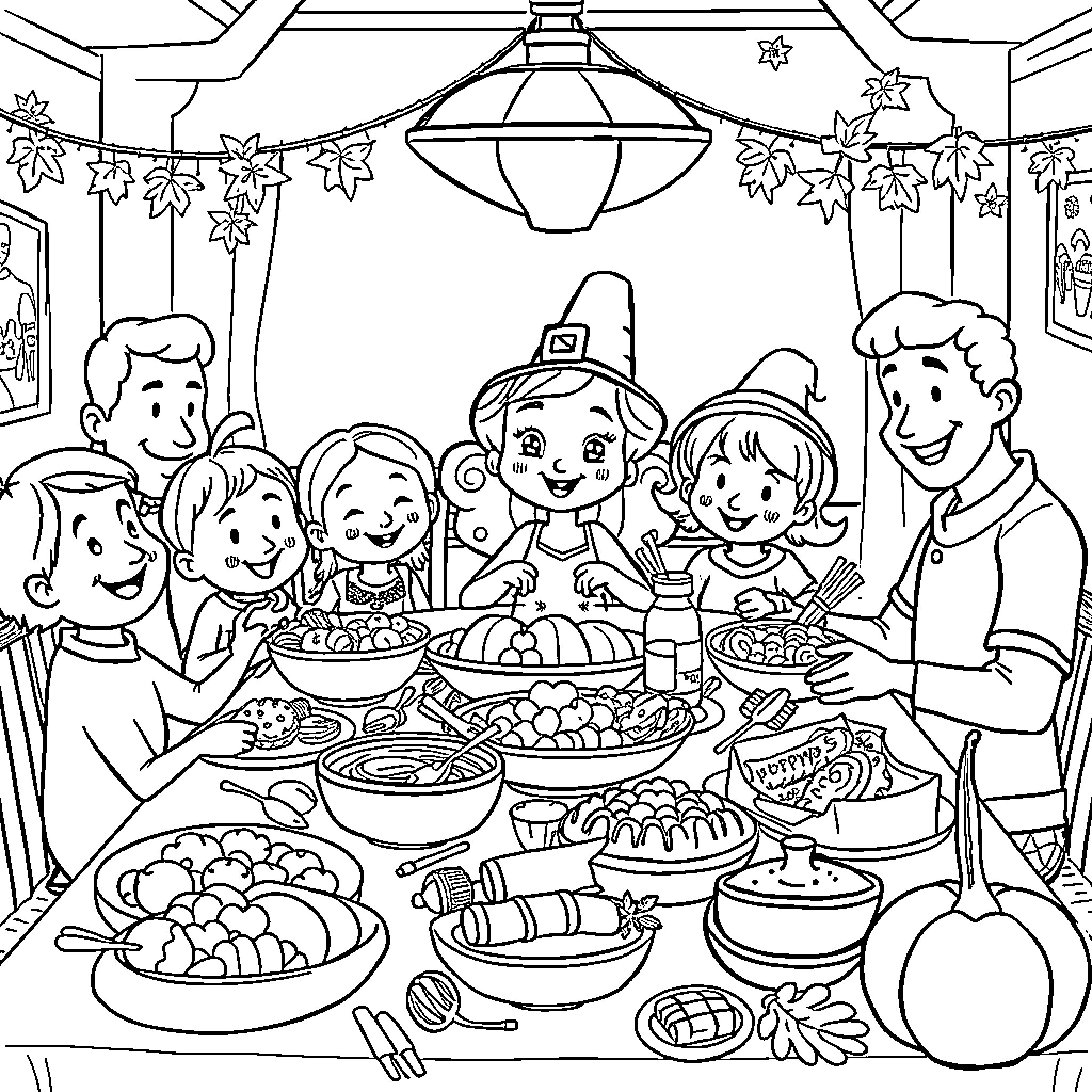 Bluey's Family Thanksgiving Feast Coloring Page (free black-and-white line drawing printable PDF for all, from beginners to advanced learners, including children, teens, adults, and seniors)