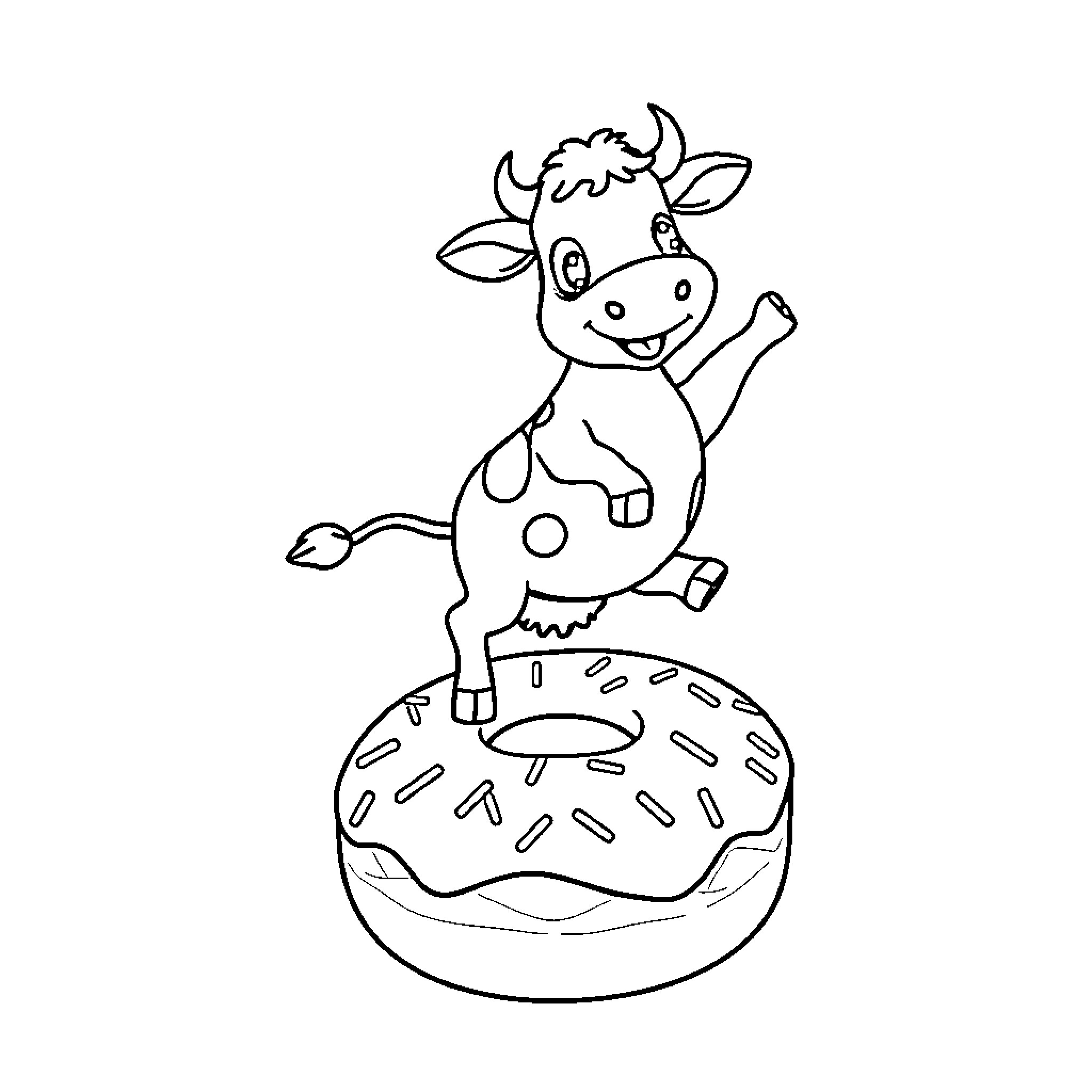 Cow enjoying a donut-shaped cushion Coloring Page (free black-and-white line drawing printable PDF for all, from beginners to advanced learners, including children, teens, adults, and seniors)