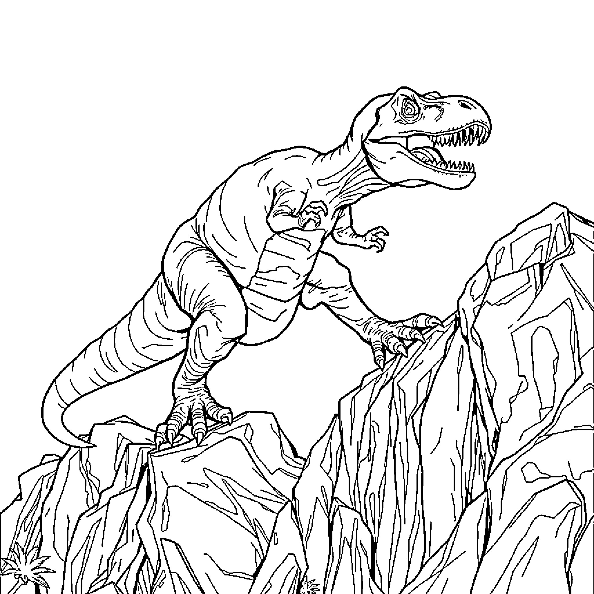 T-Rex Roaring Atop Rocky Terrain Coloring Page (free black-and-white line drawing printable PDF for all, from beginners to advanced learners, including children, teens, adults, and seniors)