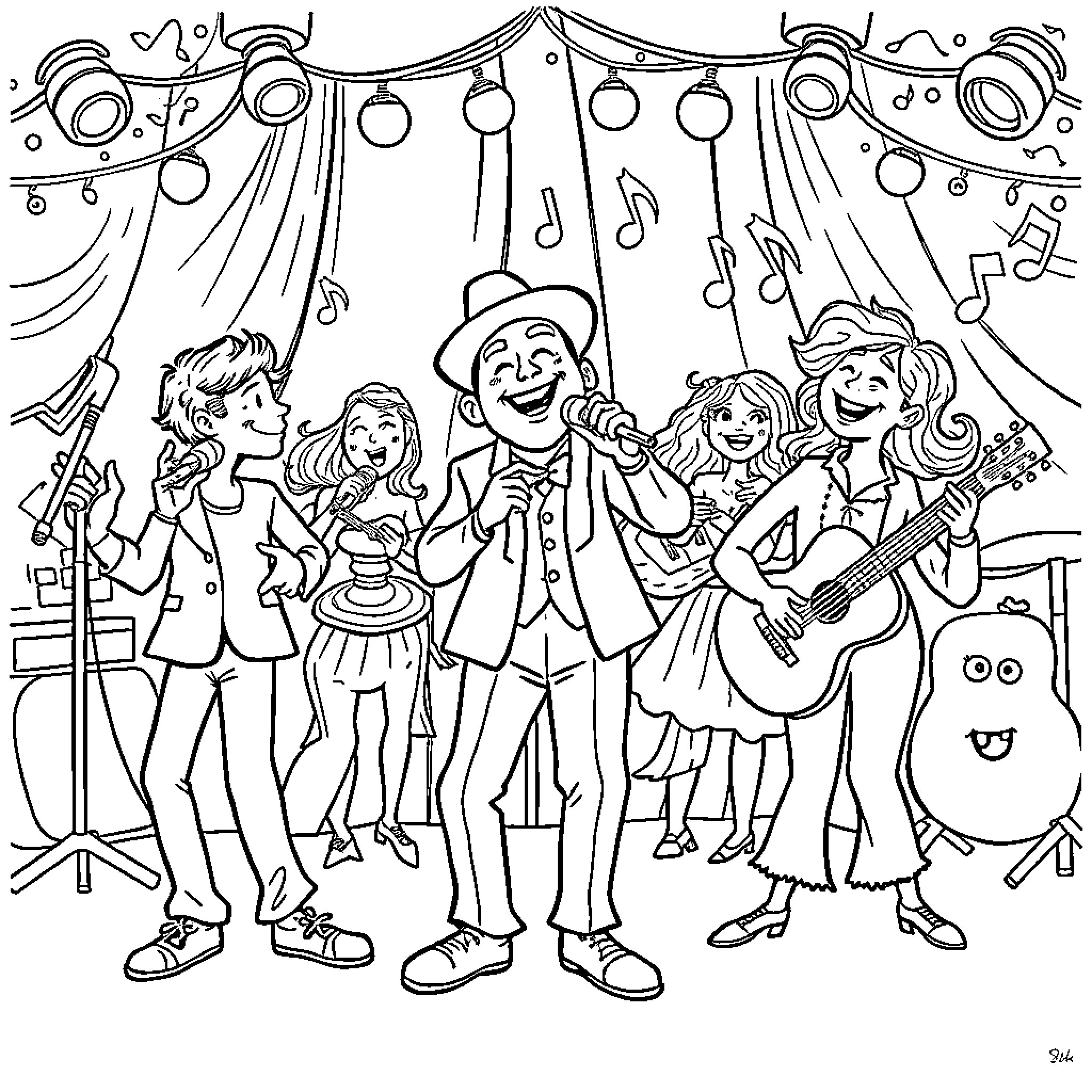 Music Man Performing with Lively Crowd on Stage Coloring Page (free black-and-white line drawing printable PDF for all, from beginners to advanced learners, including children, teens, adults, and seniors)