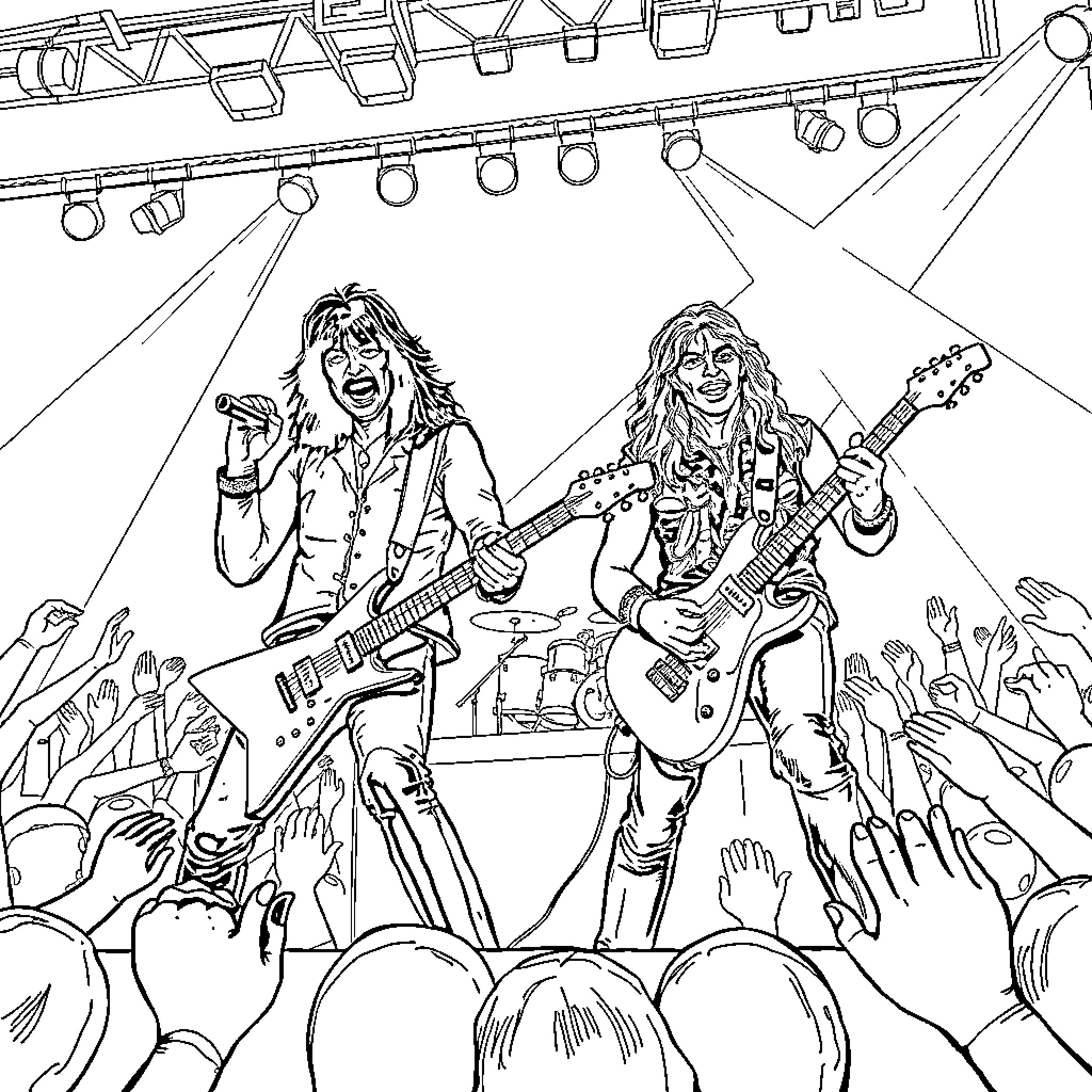 Paul Stanley and Bandmate Rocking on Stage Coloring Page (free black-and-white line drawing printable PDF for all, from beginners to advanced learners, including children, teens, adults, and seniors)