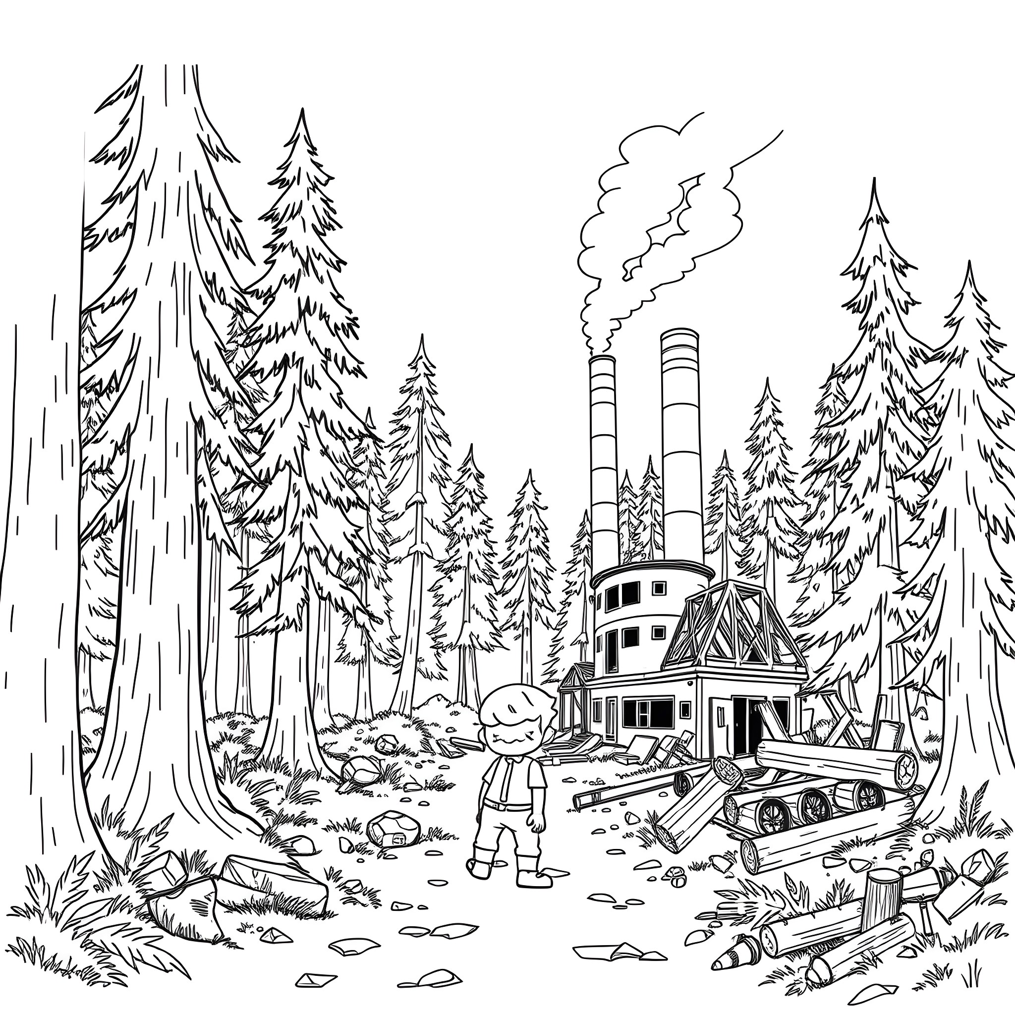 Once-ler surveys the deforestation of the Truffula trees Coloring Page (free black-and-white line drawing printable PDF for all, from beginners to advanced learners, including children, teens, adults, and seniors)