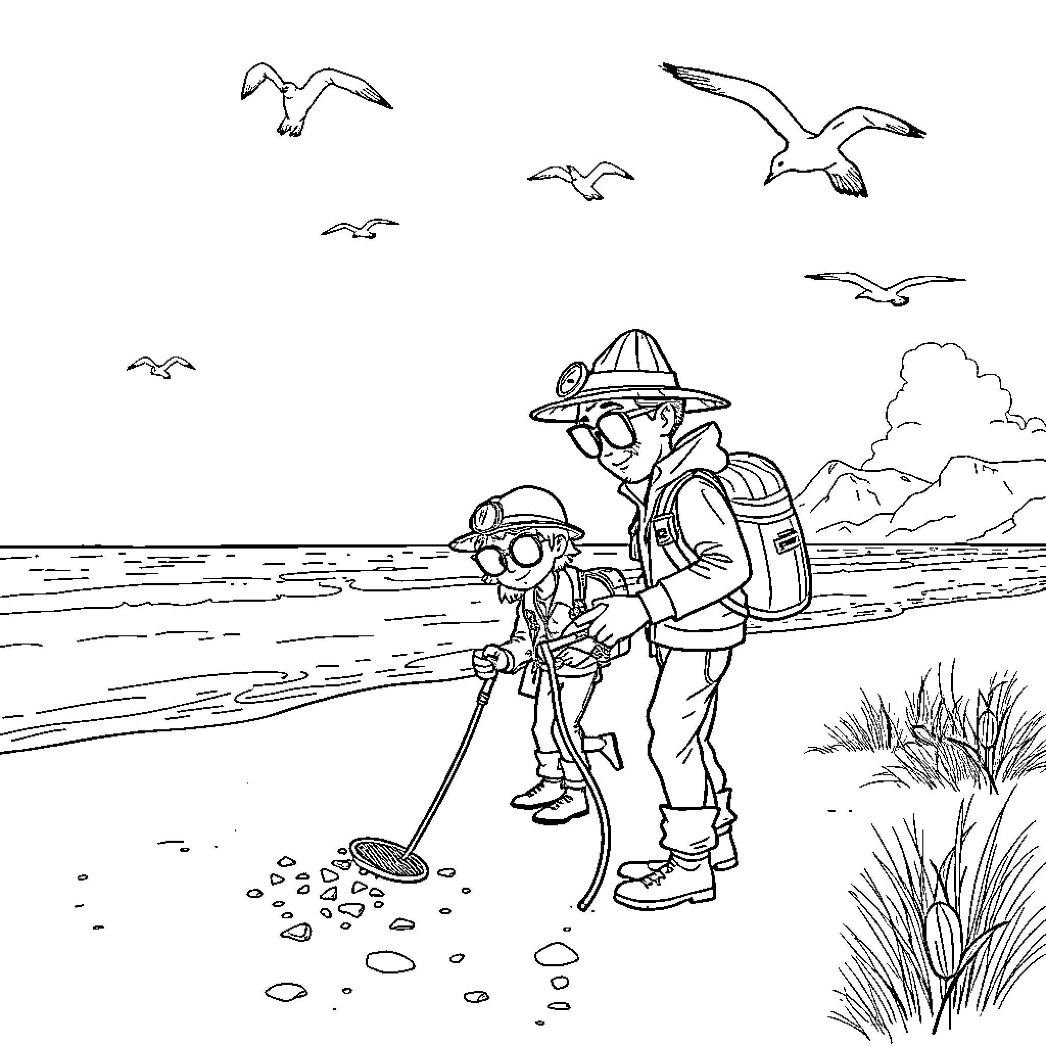 Jax and his brother explore the beach Coloring Page (free black-and-white line drawing printable PDF for all, from beginners to advanced learners, including children, teens, adults, and seniors)