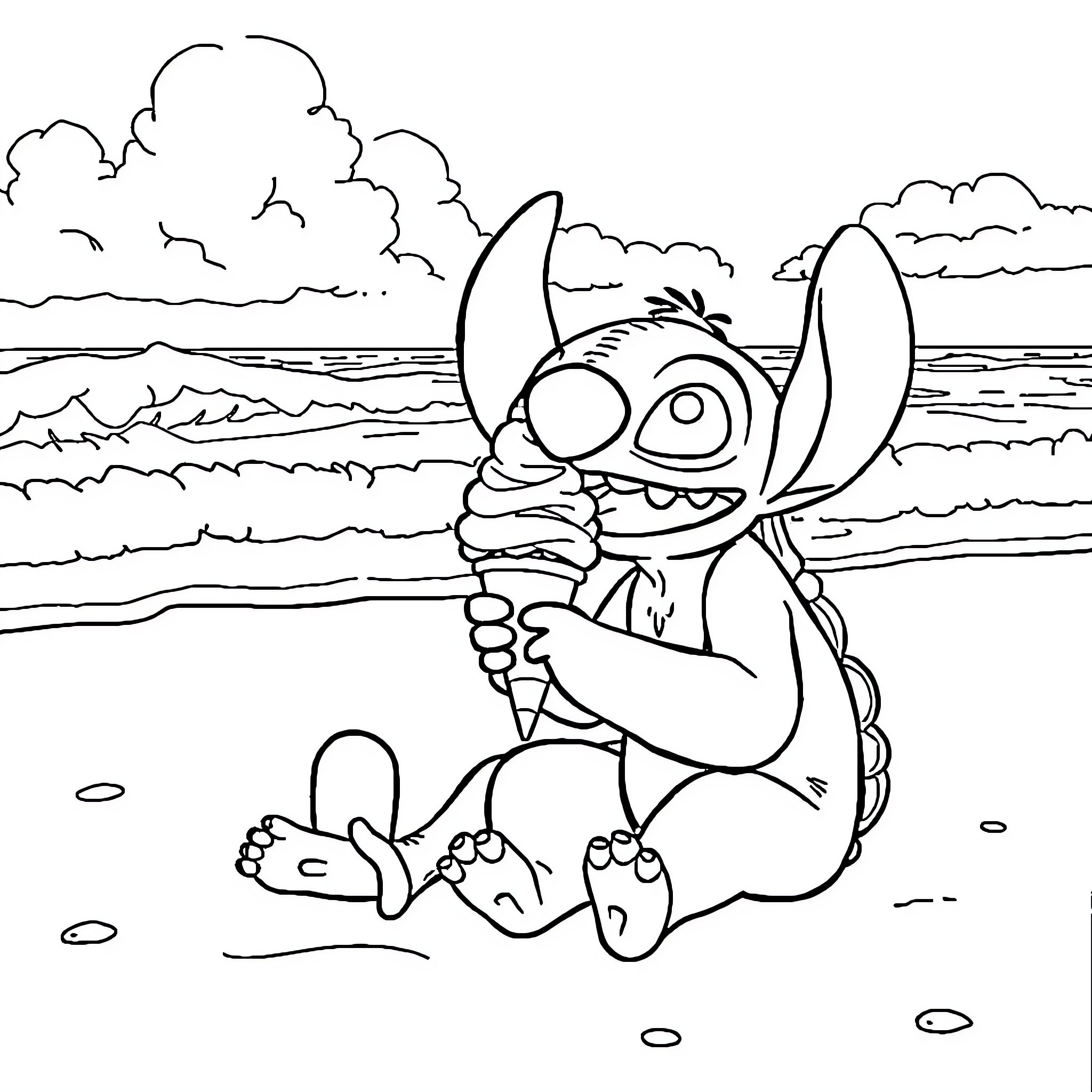 Lilo playing with a curious sea creature on the beach Coloring Page (free black-and-white line drawing printable PDF for all, from beginners to advanced learners, including children, teens, adults, and seniors)