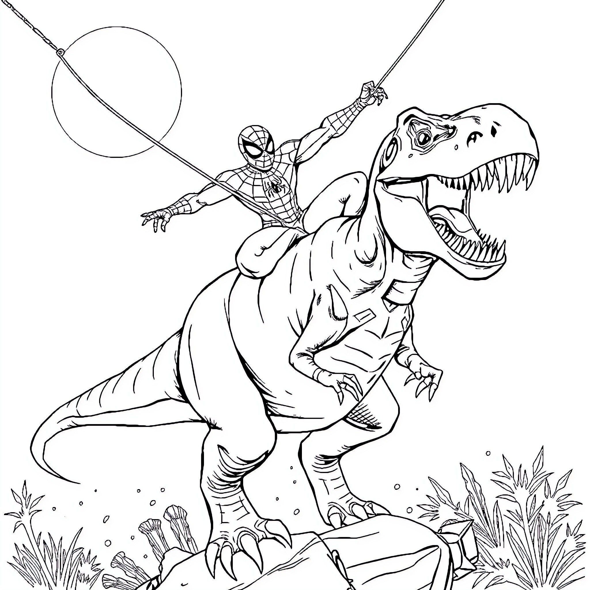 Spiderman riding on a fearsome dinosaur Coloring Page (free black-and-white line drawing printable PDF for all, from beginners to advanced learners, including children, teens, adults, and seniors)