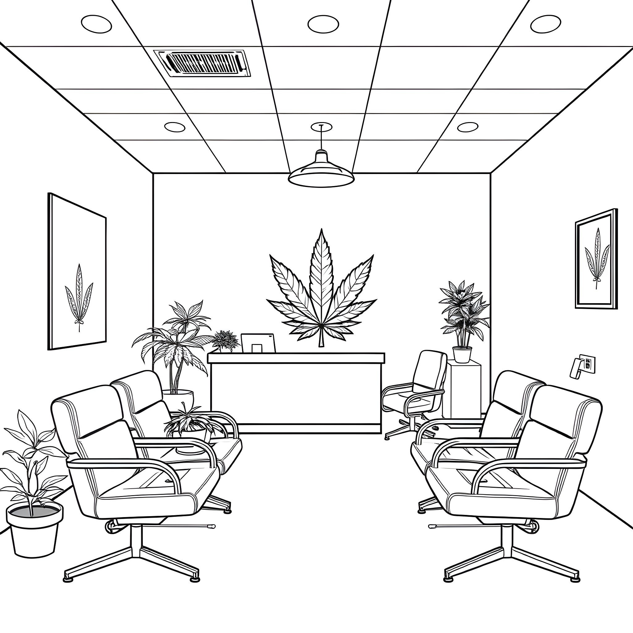 Marijuana dispensary with professional office furniture and decor Coloring Page (free black-and-white line drawing printable PDF for all, from beginners to advanced learners, including children, teens, adults, and seniors)