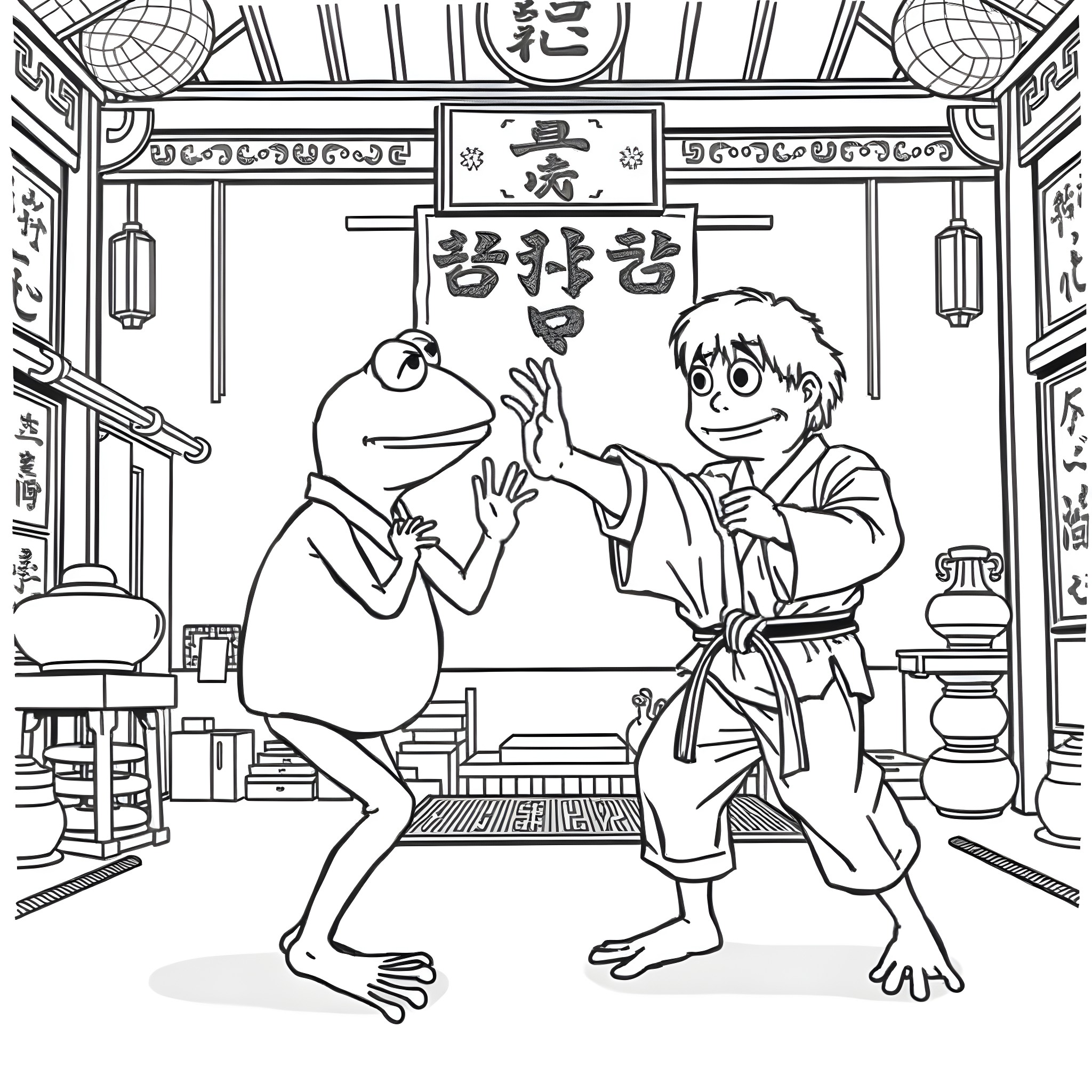 Kermit and friend engage in playful exchange in traditional setting Coloring Page (free black-and-white line drawing printable PDF for all, from beginners to advanced learners, including children, teens, adults, and seniors)