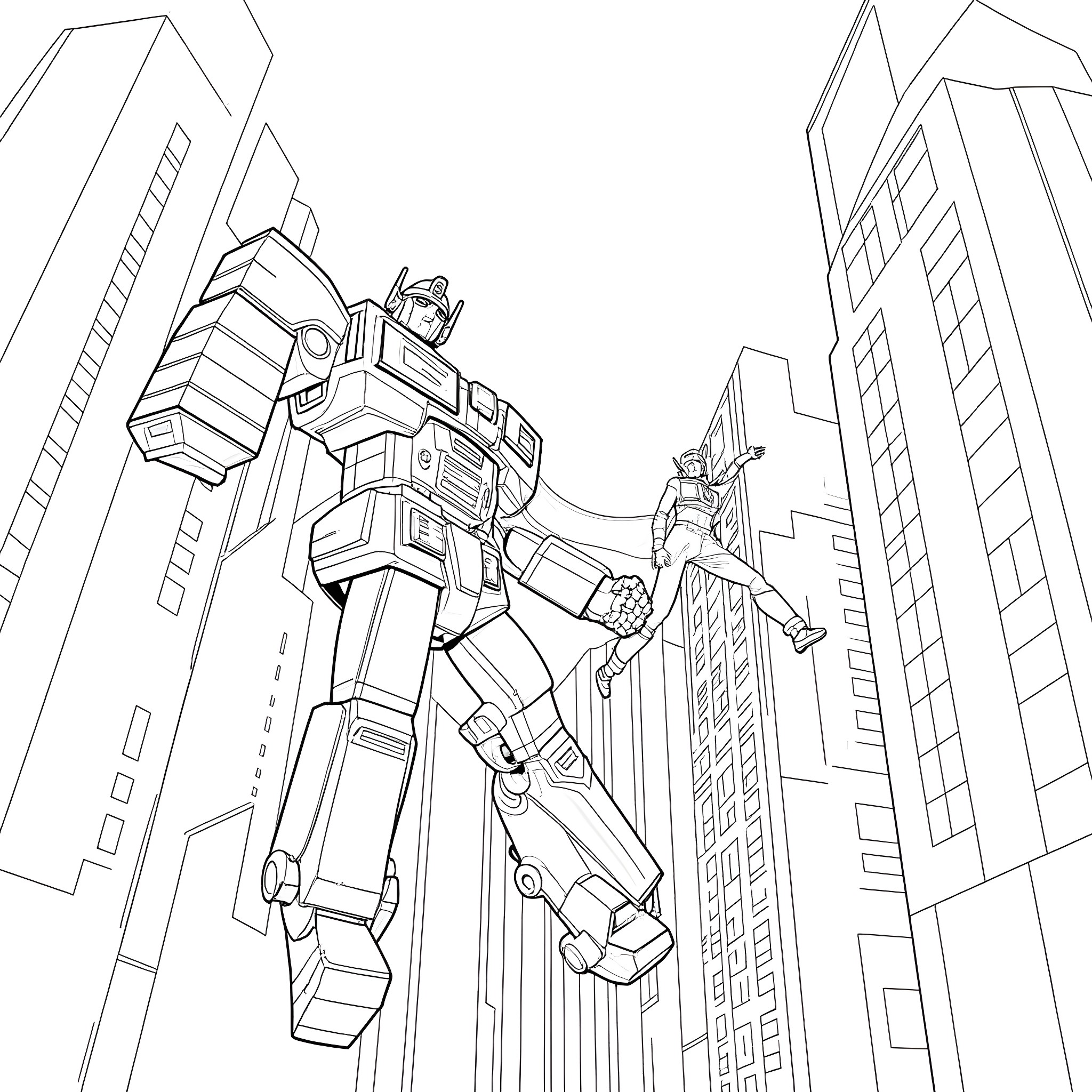 Transformer Battles in the City Skyline Coloring Page (free black-and-white line drawing printable PDF for all, from beginners to advanced learners, including children, teens, adults, and seniors)