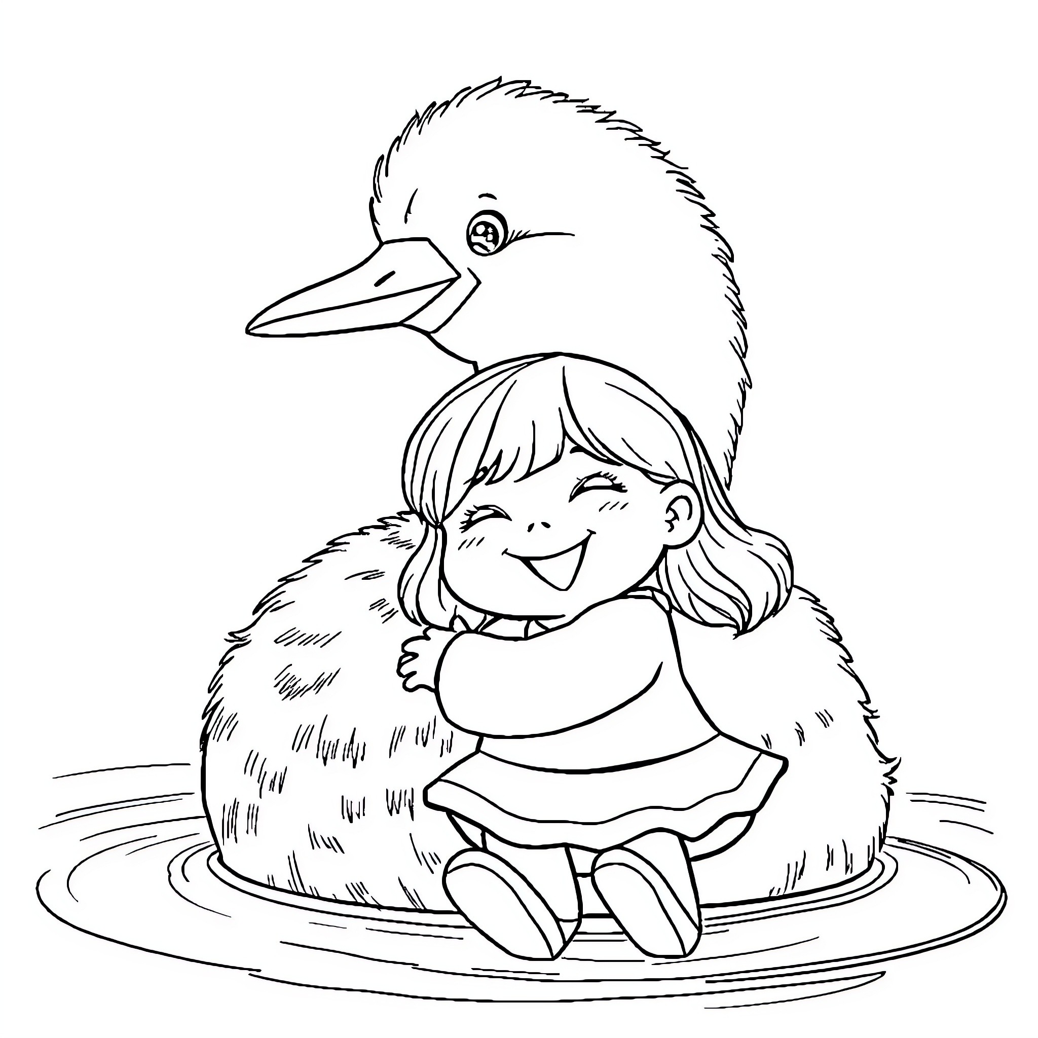 Loon and young girl embracing by the pond Coloring Page (free black-and-white line drawing printable PDF for all, from beginners to advanced learners, including children, teens, adults, and seniors)