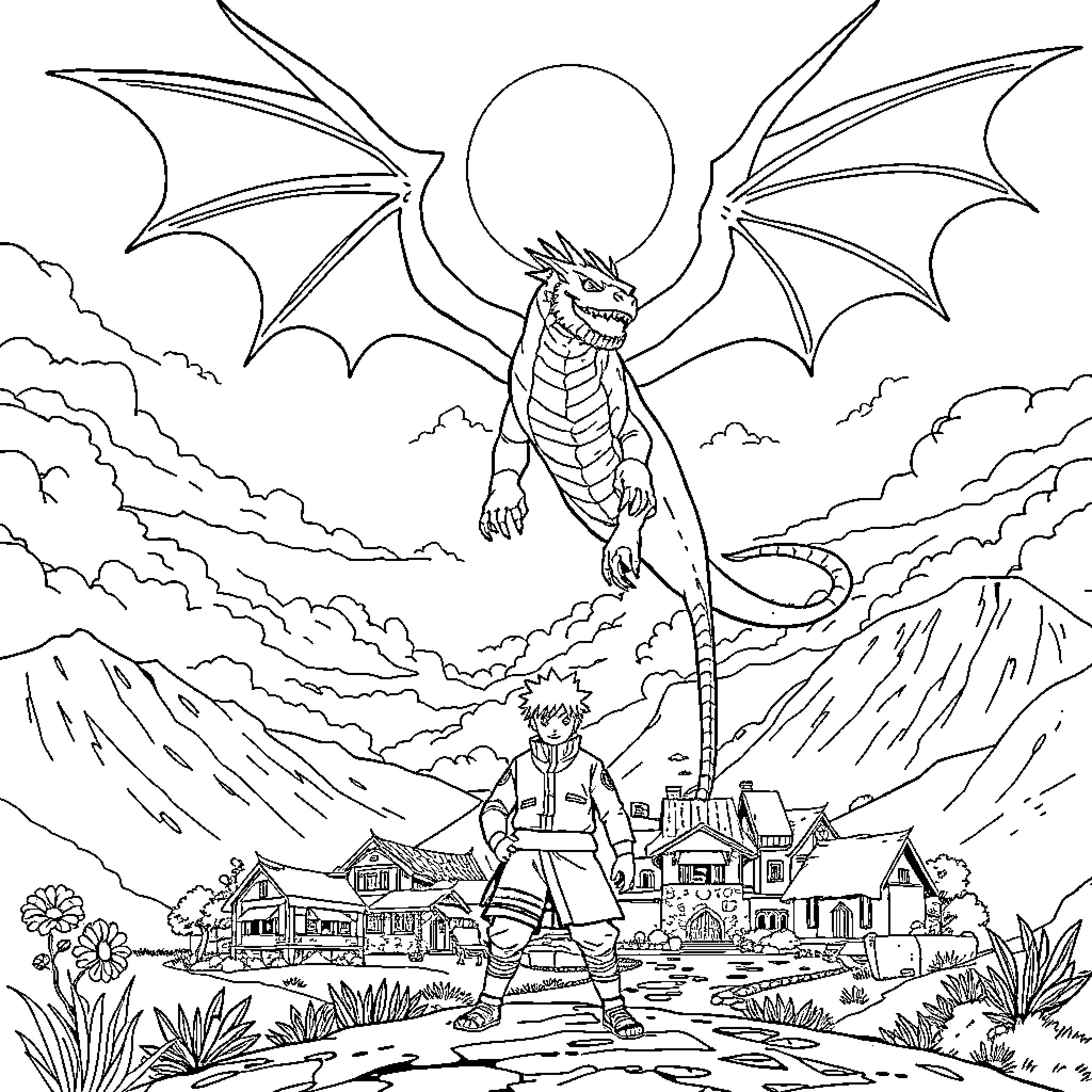 Dragon soaring over a fantastical village Coloring Page (free black-and-white line drawing printable PDF for all, from beginners to advanced learners, including children, teens, adults, and seniors)