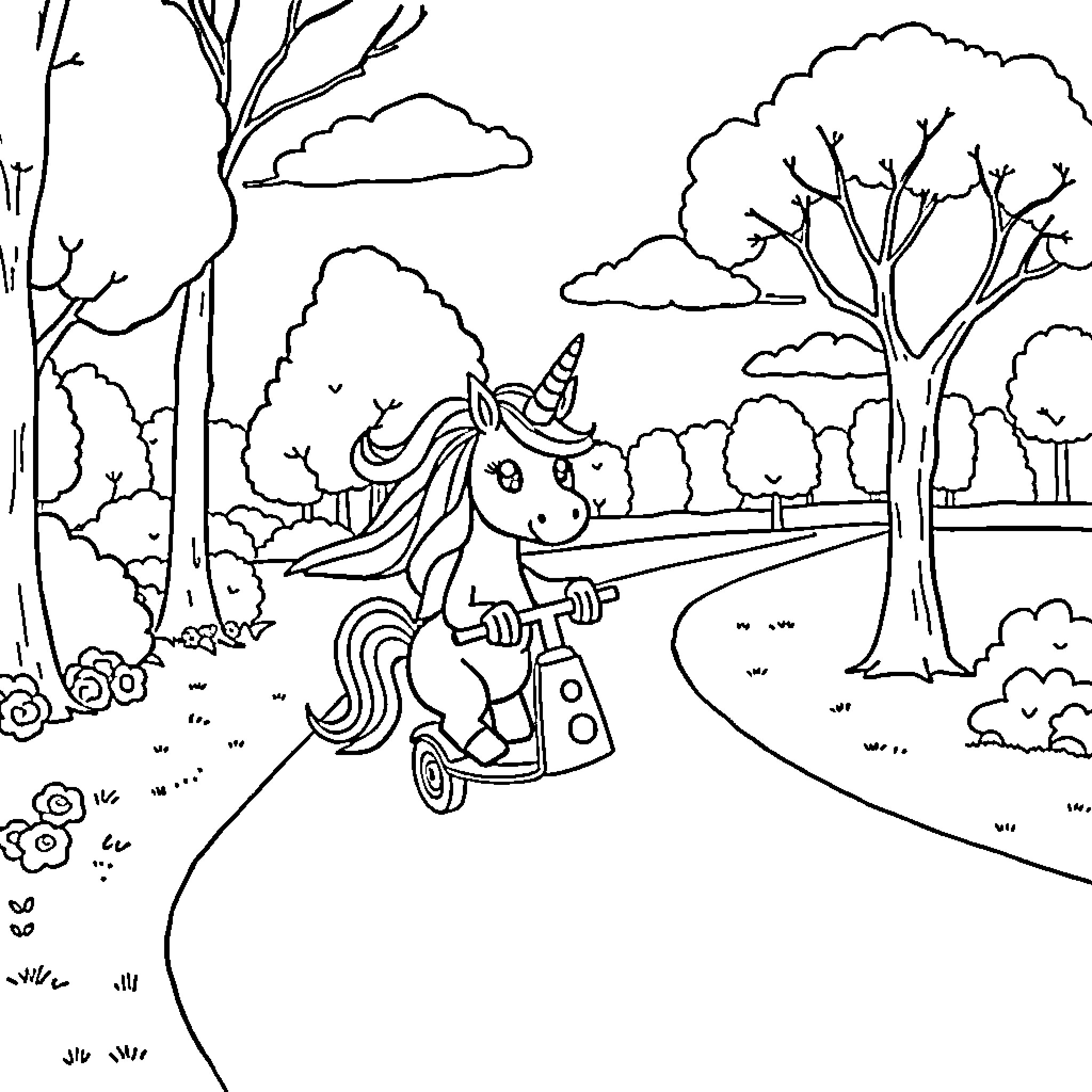 Unicorn riding a scooter through a magical forest Coloring Page (free black-and-white line drawing printable PDF for all, from beginners to advanced learners, including children, teens, adults, and seniors)