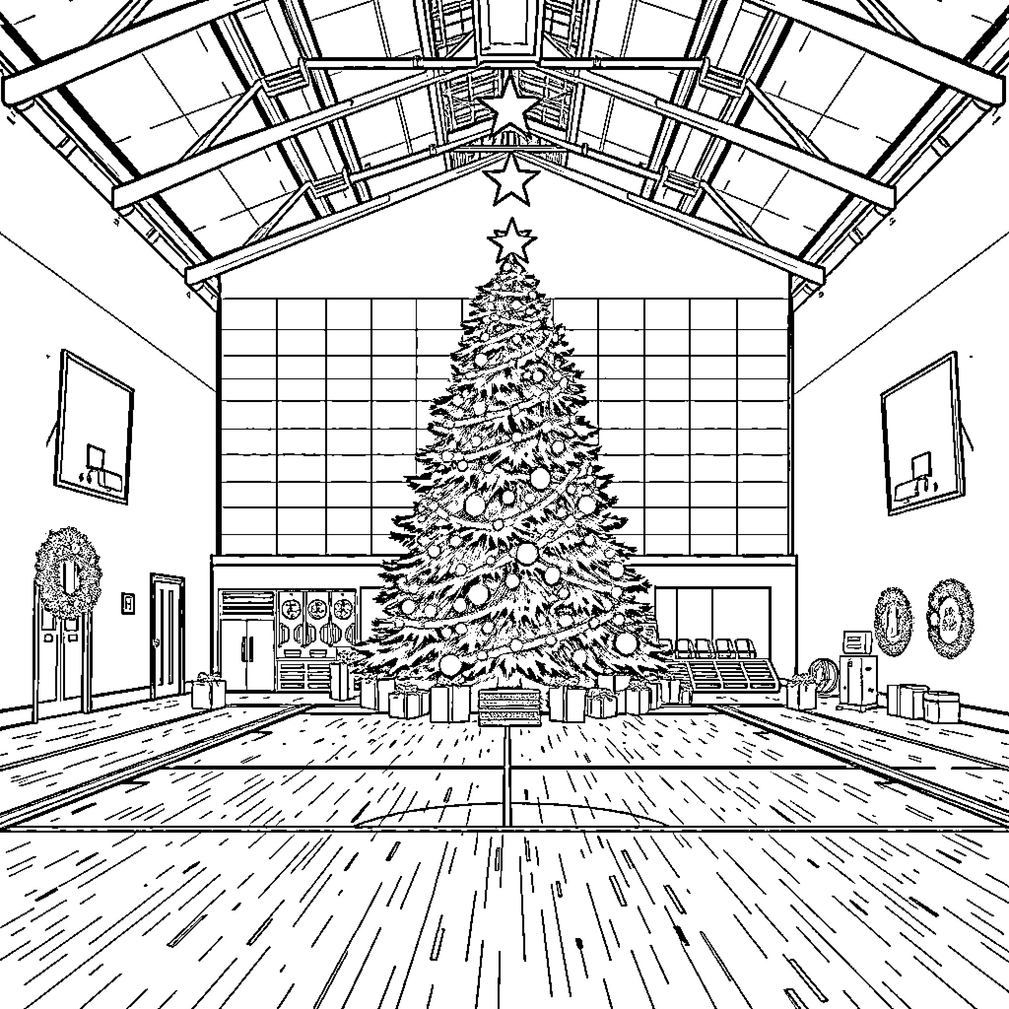 Gym with decorated holiday tree Coloring Page (free black-and-white line drawing printable PDF for all, from beginners to advanced learners, including children, teens, adults, and seniors)