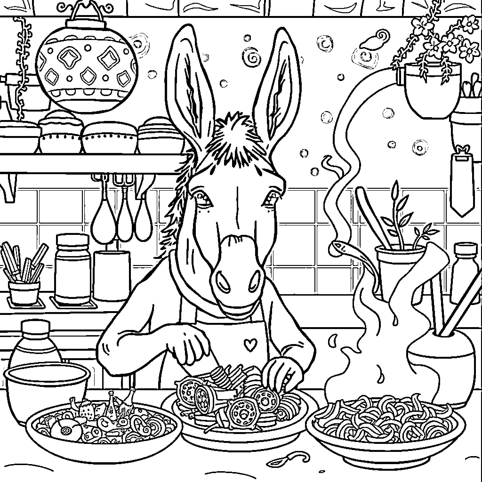 Donkey cooking up a feast in a cozy kitchen Coloring Page (free black-and-white line drawing printable PDF for all, from beginners to advanced learners, including children, teens, adults, and seniors)