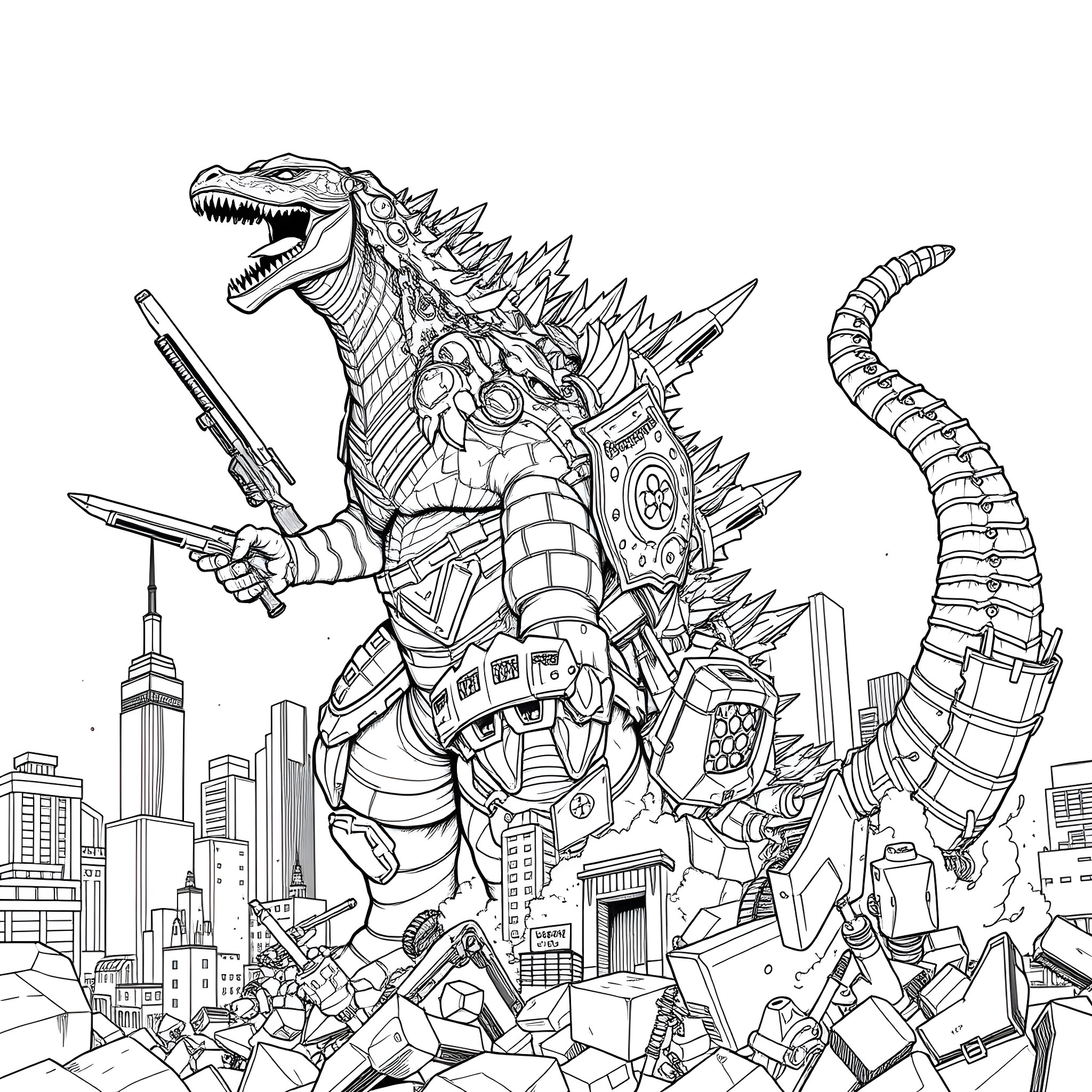 Godzilla Stomping Through Futuristic City Coloring Page (free black-and-white line drawing printable PDF for all, from beginners to advanced learners, including children, teens, adults, and seniors)