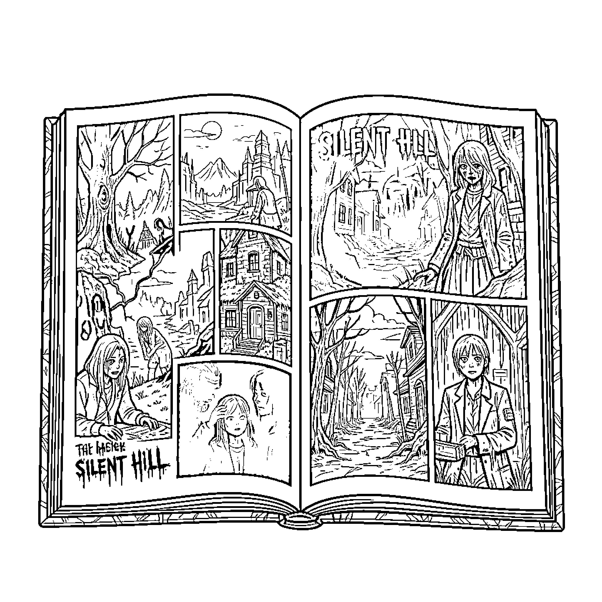 Silent Hill: Mysterious Scenes and Characters Coloring Page (free black-and-white line drawing printable PDF for all, from beginners to advanced learners, including children, teens, adults, and seniors)