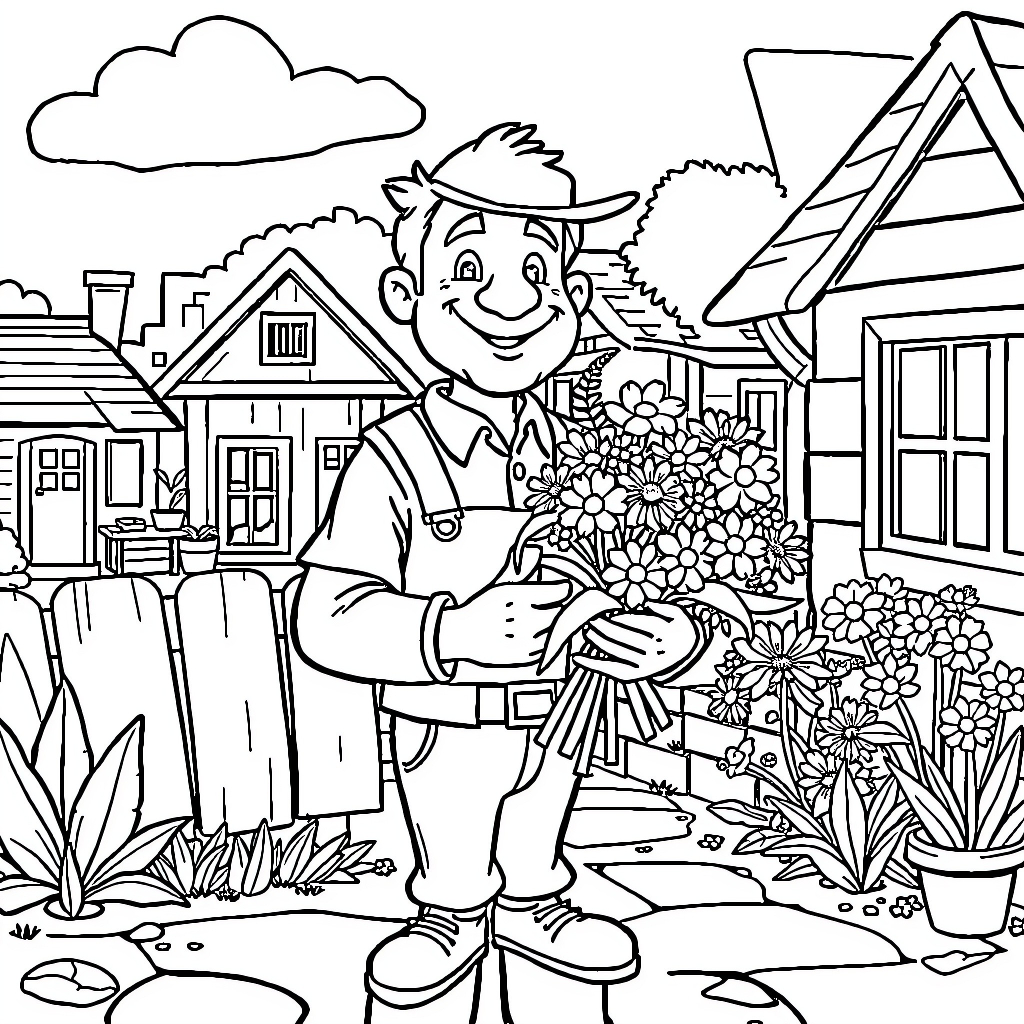 Mr. Deeds gardening happily in his neighborhood Coloring Page (free black-and-white line drawing printable PDF for all, from beginners to advanced learners, including children, teens, adults, and seniors)