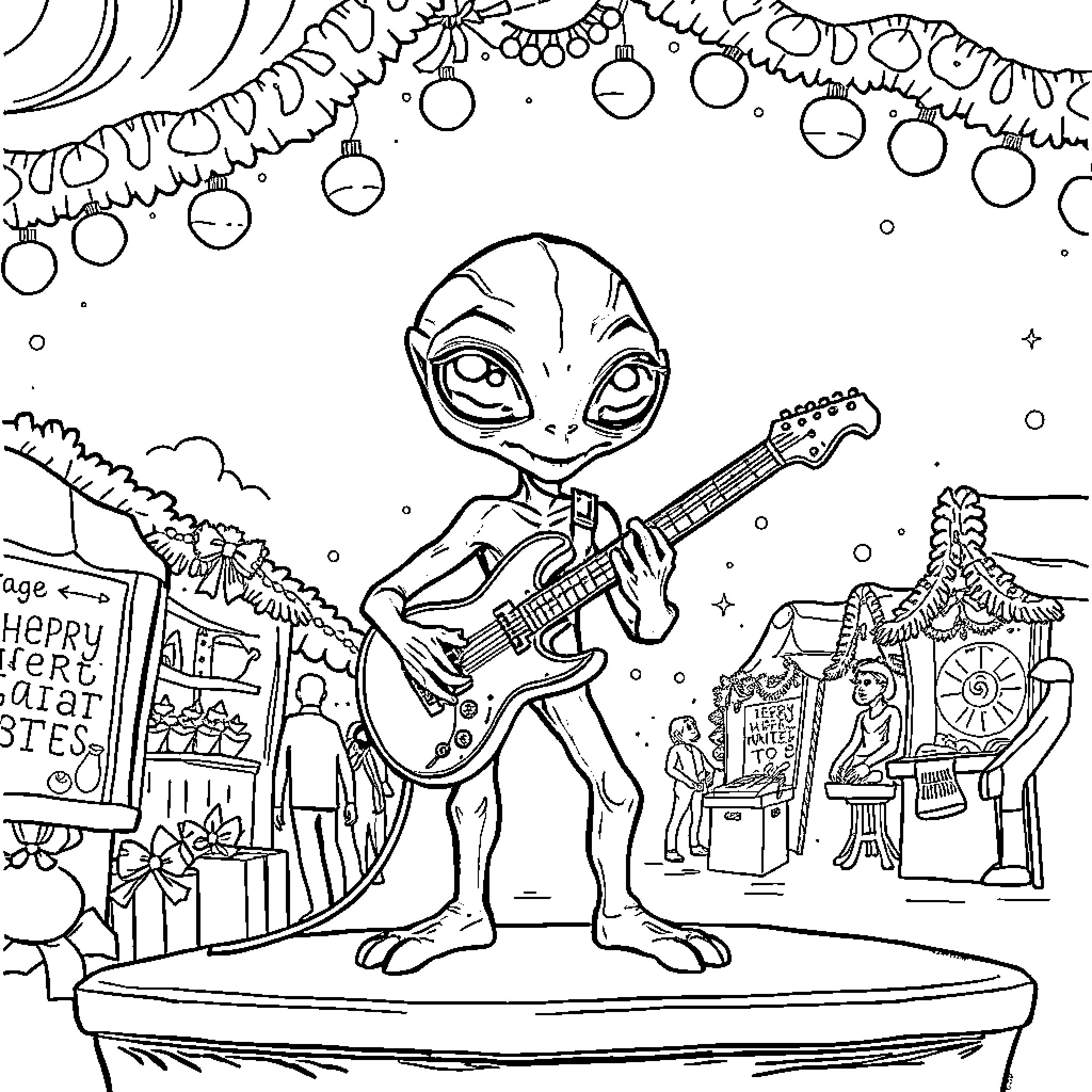 Alien musician performing at carnival festival Coloring Page (free black-and-white line drawing printable PDF for all, from beginners to advanced learners, including children, teens, adults, and seniors)