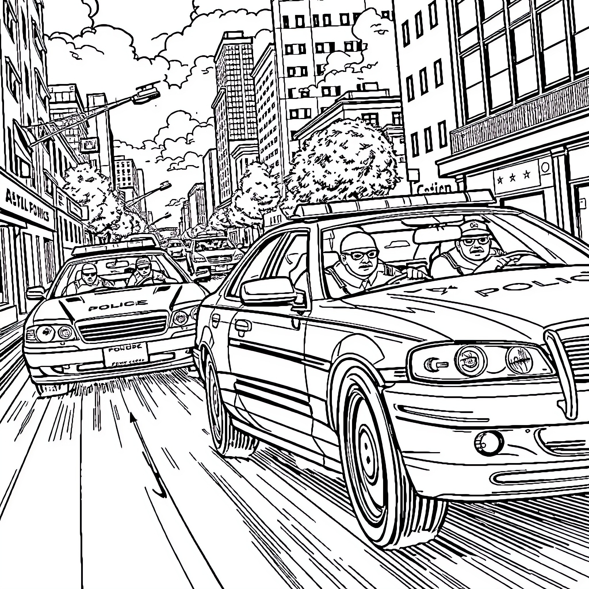 Police car pursuing suspect in the city Coloring Page (free black-and-white line drawing printable PDF for all, from beginners to advanced learners, including children, teens, adults, and seniors)