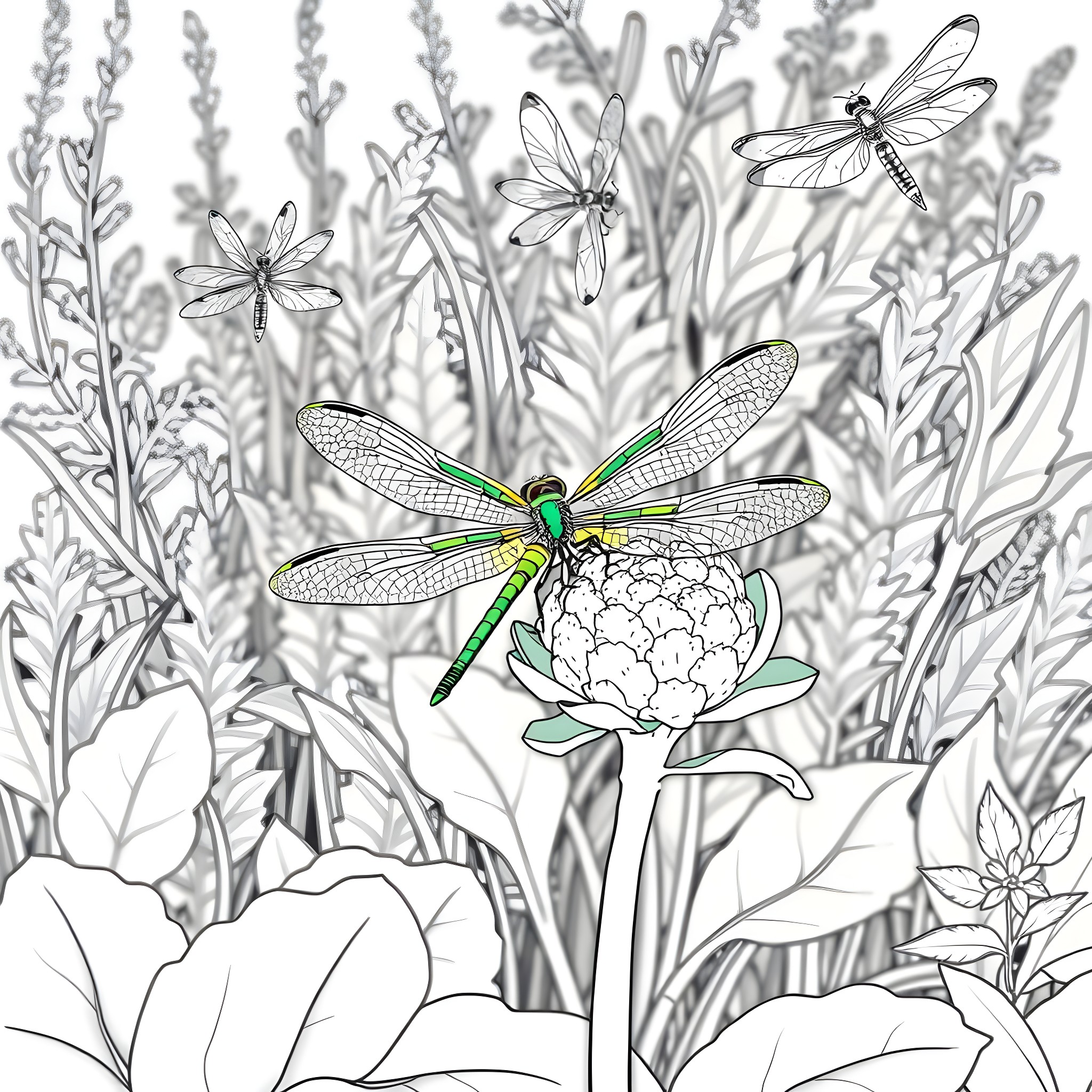 Emerald Spreadwing Dragonflies Amid Floral Illustrations Coloring Page (free black-and-white line drawing printable PDF for all, from beginners to advanced learners, including children, teens, adults, and seniors)