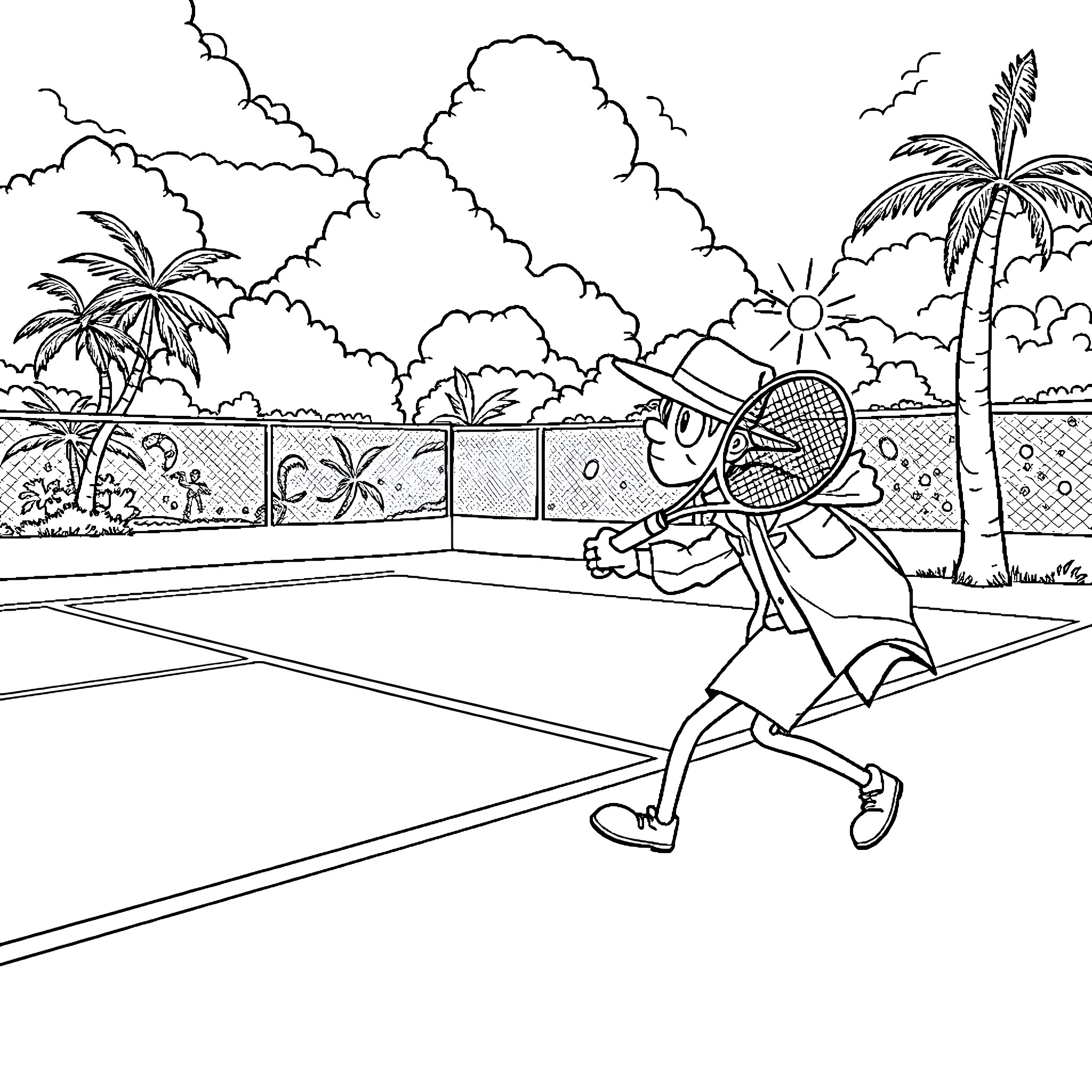 Investigator playing tennis on tropical beach Coloring Page (free black-and-white line drawing printable PDF for all, from beginners to advanced learners, including children, teens, adults, and seniors)