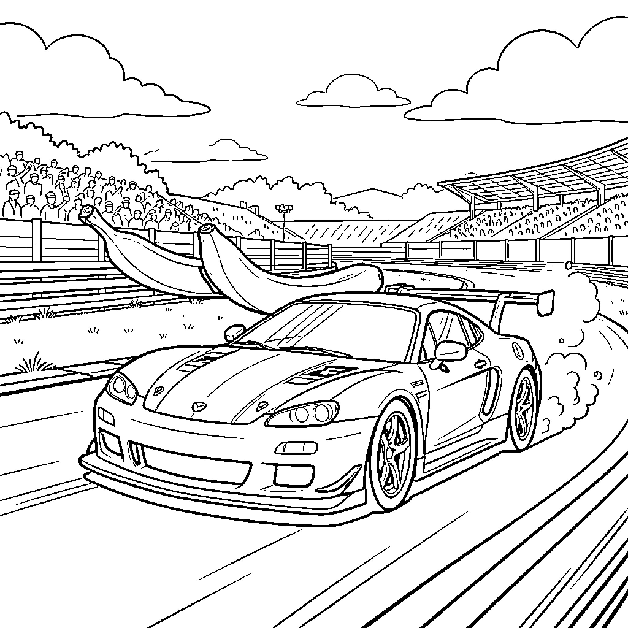 Banana shaped vehicle racing fast on a track Coloring Page (free black-and-white line drawing printable PDF for all, from beginners to advanced learners, including children, teens, adults, and seniors)