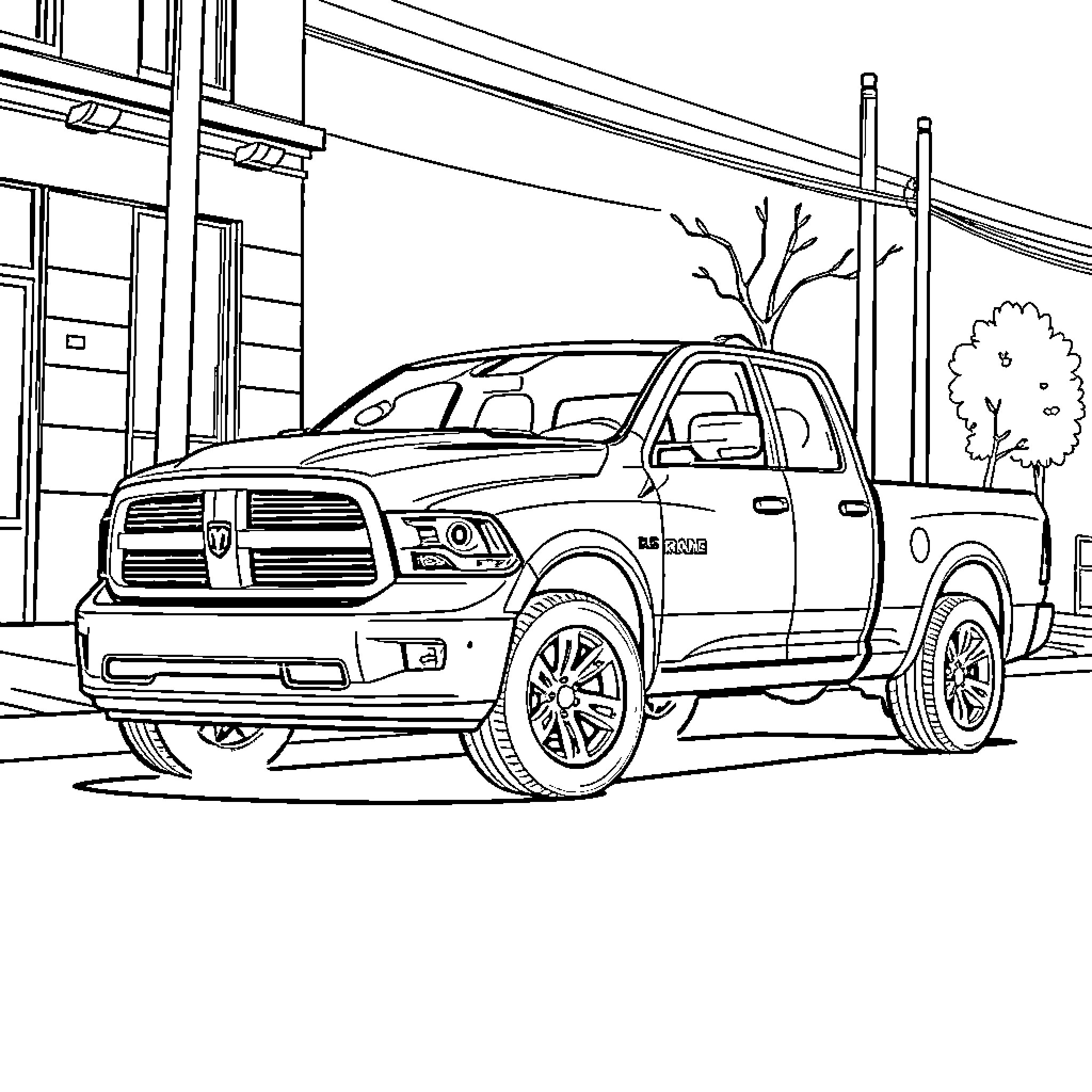 Dodge Ram parked in urban setting Coloring Page (free black-and-white line drawing printable PDF for all, from beginners to advanced learners, including children, teens, adults, and seniors)