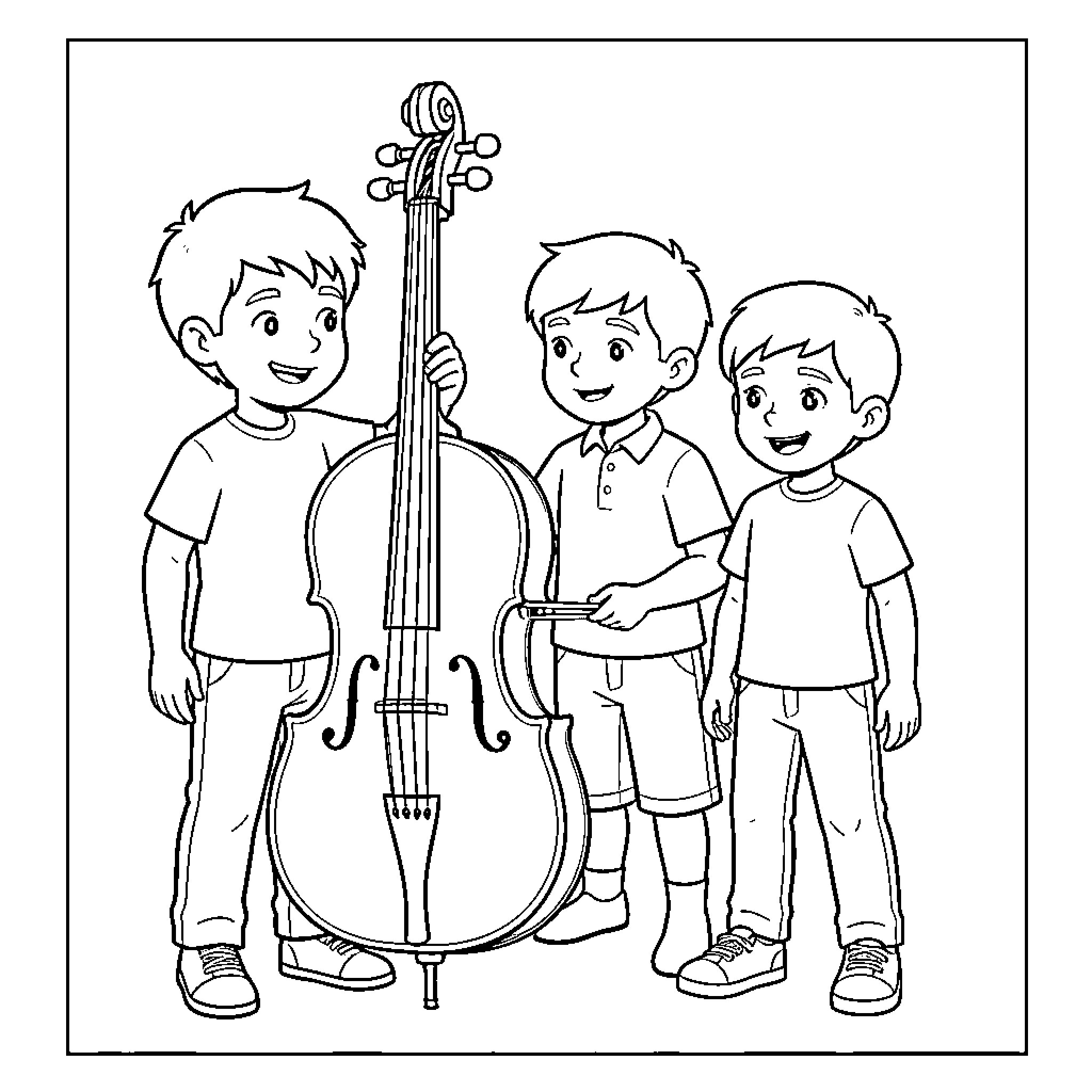 Cello being held by three smiling boys Coloring Page (free black-and-white line drawing printable PDF for all, from beginners to advanced learners, including children, teens, adults, and seniors)