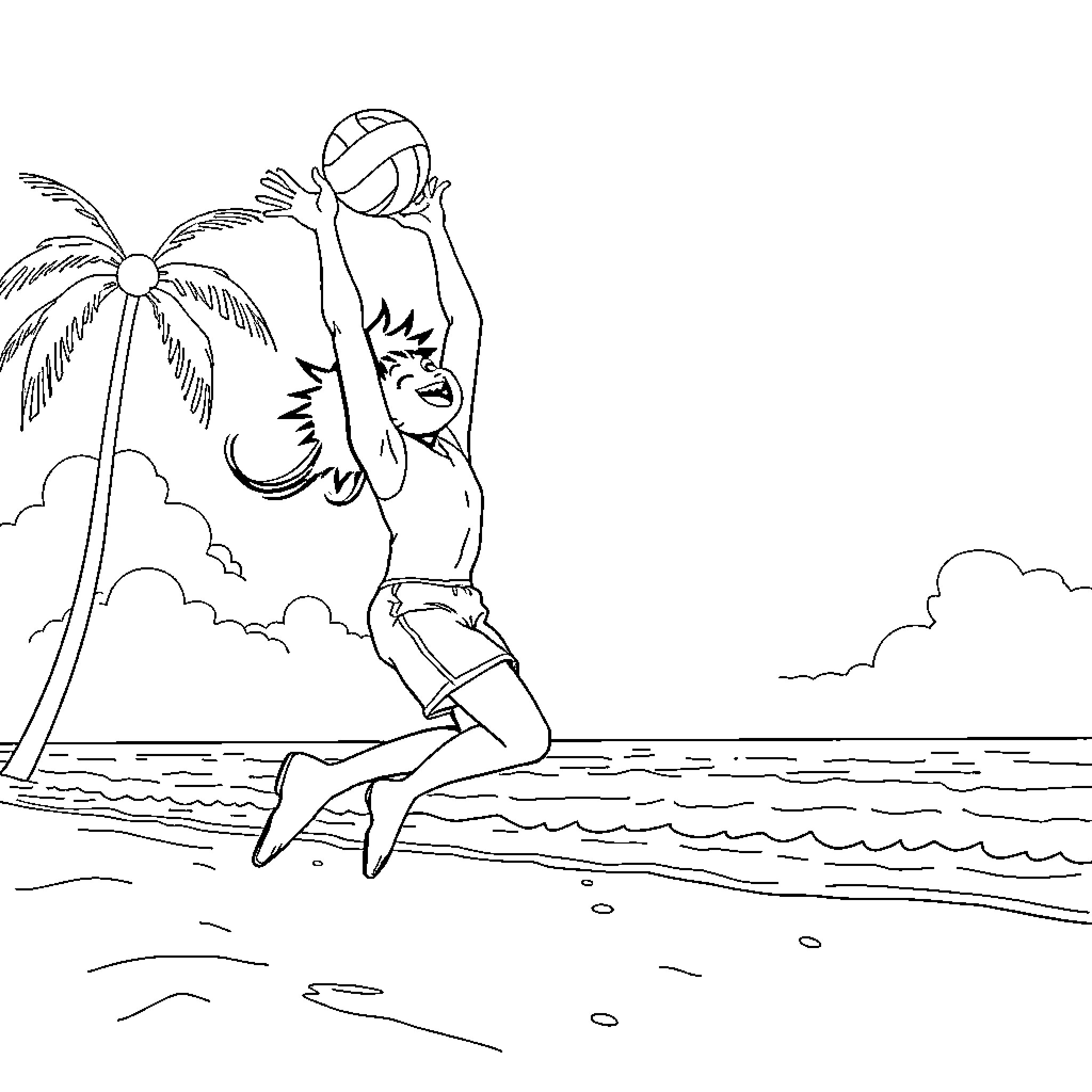 Tanjiro's Beachside Volleyball Adventure Coloring Page (free black-and-white line drawing printable PDF for all, from beginners to advanced learners, including children, teens, adults, and seniors)