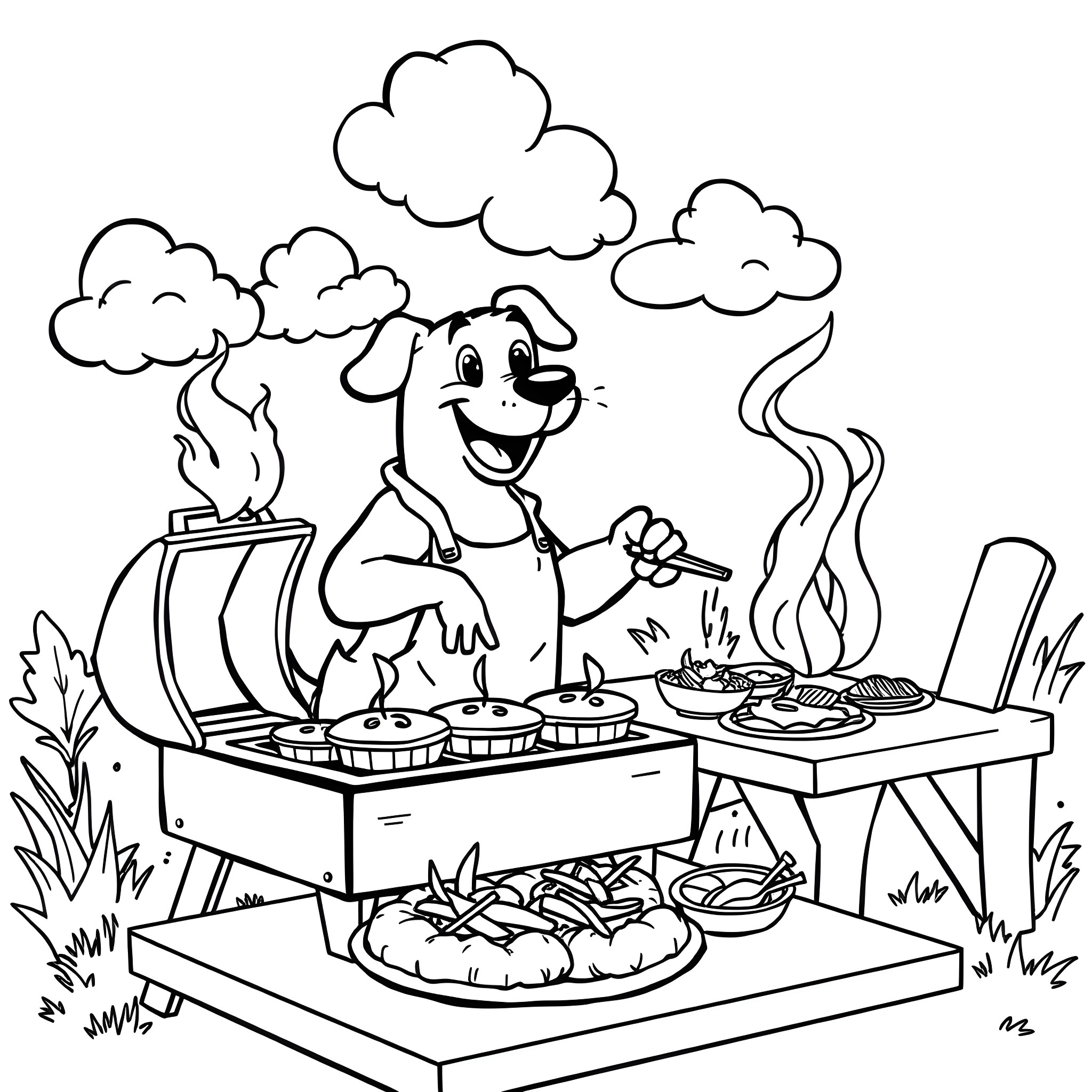 Dog enjoying a delightful outdoor barbecue Coloring Page (free black-and-white line drawing printable PDF for all, from beginners to advanced learners, including children, teens, adults, and seniors)