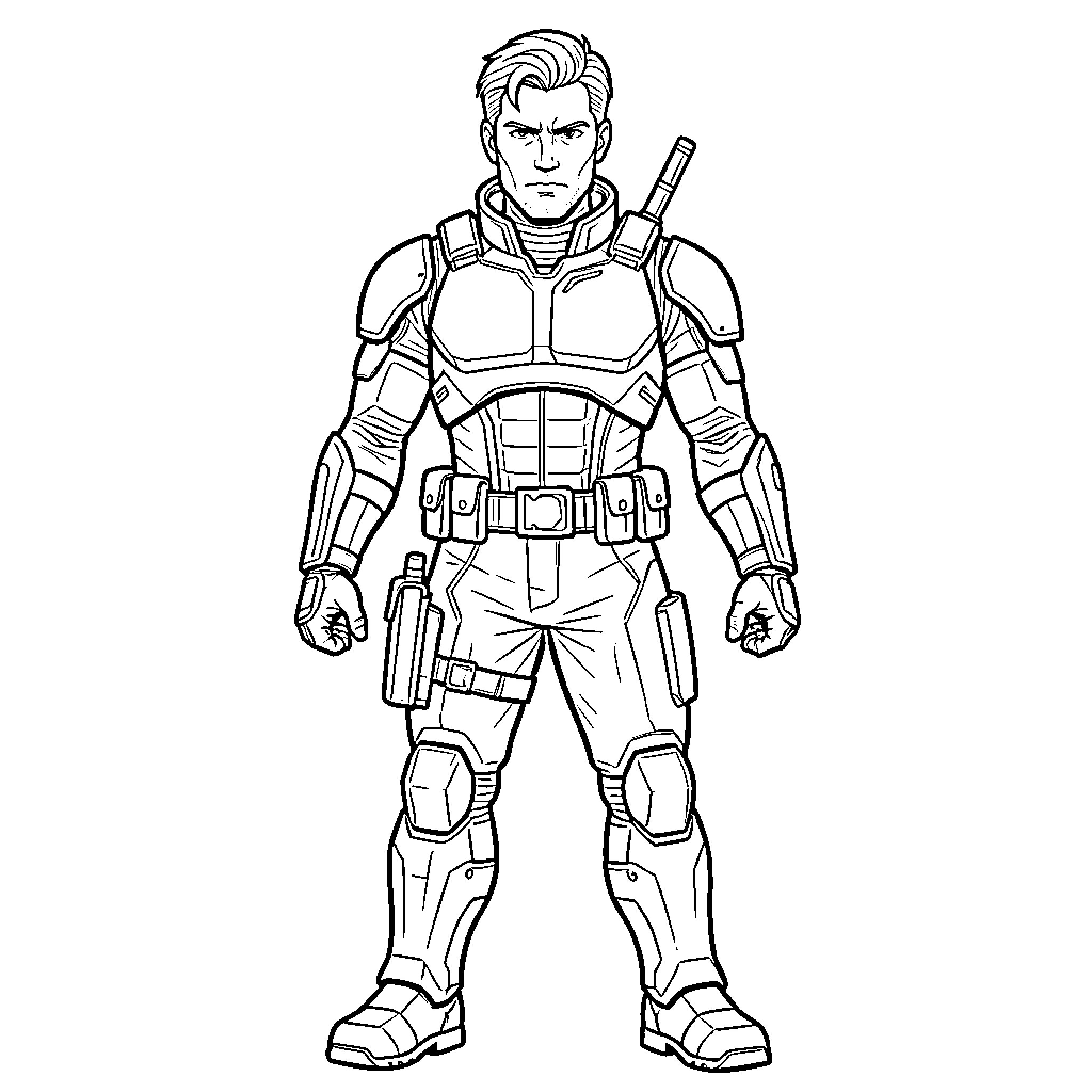 Commander Shepard in Futuristic Combat Gear Coloring Page (free black-and-white line drawing printable PDF for all, from beginners to advanced learners, including children, teens, adults, and seniors)