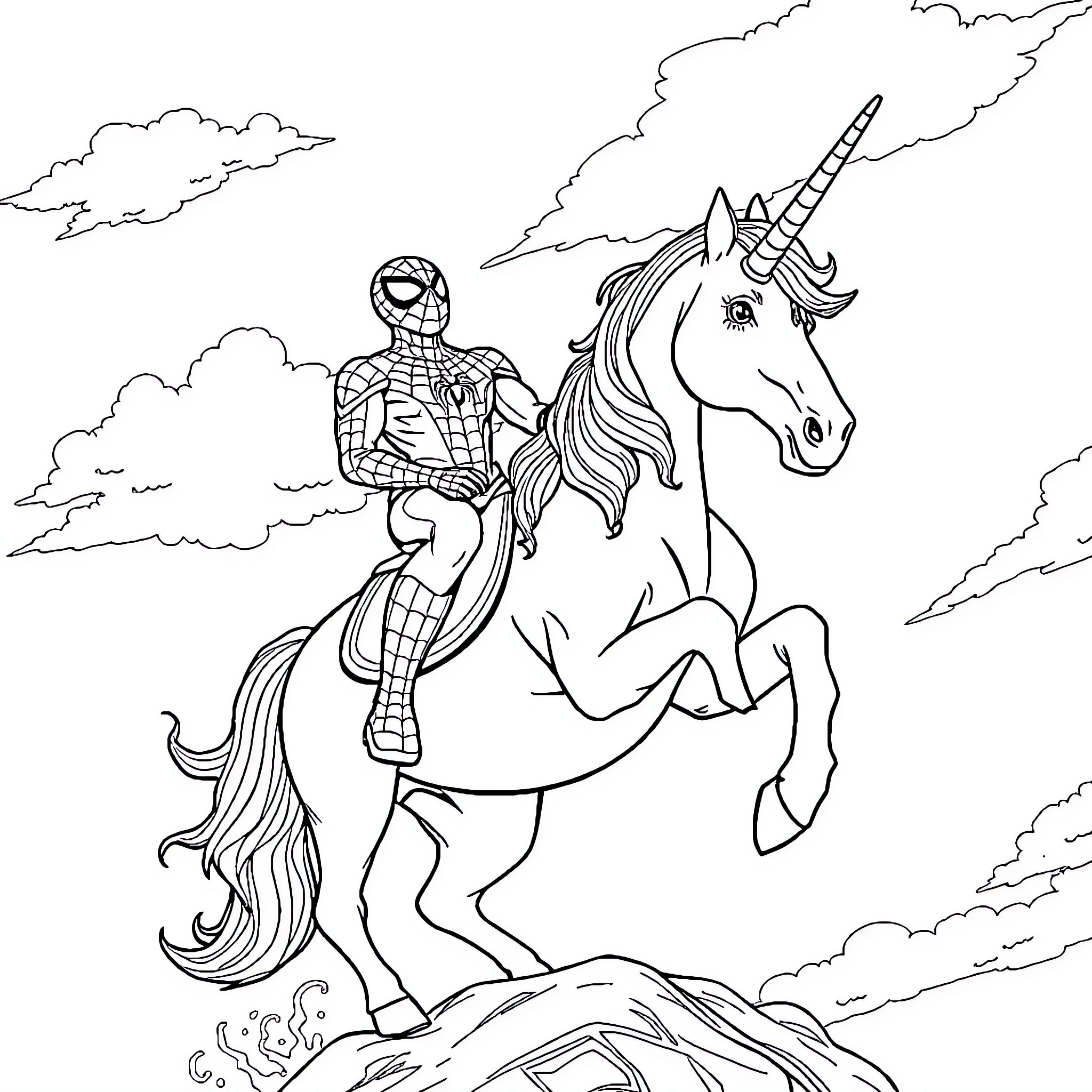 Spiderman riding a unicorn through the clouds Coloring Page (free black-and-white line drawing printable PDF for all, from beginners to advanced learners, including children, teens, adults, and seniors)