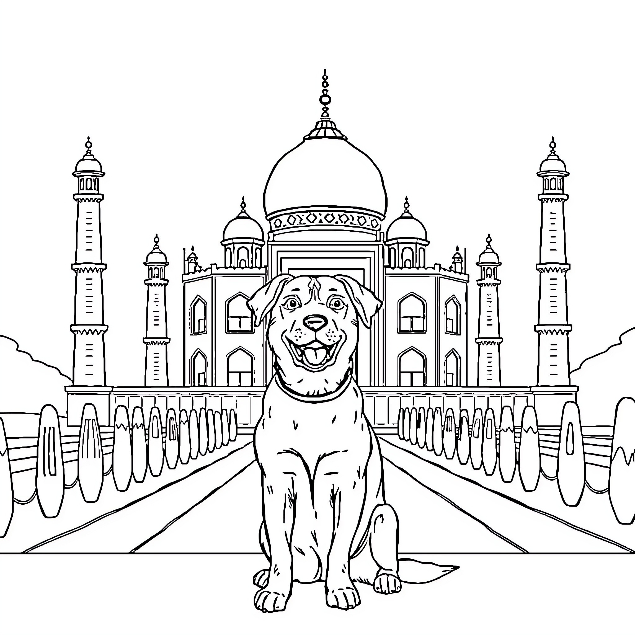 Dog sitting in front of magnificent palace Coloring Page (free black-and-white line drawing printable PDF for all, from beginners to advanced learners, including children, teens, adults, and seniors)