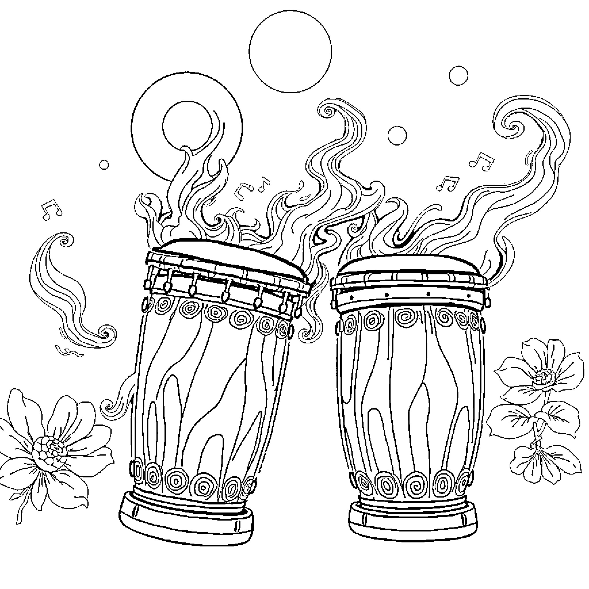 Tung Tung's Rhythmic Drums in the Garden Coloring Page (free black-and-white line drawing printable PDF for all, from beginners to advanced learners, including children, teens, adults, and seniors)