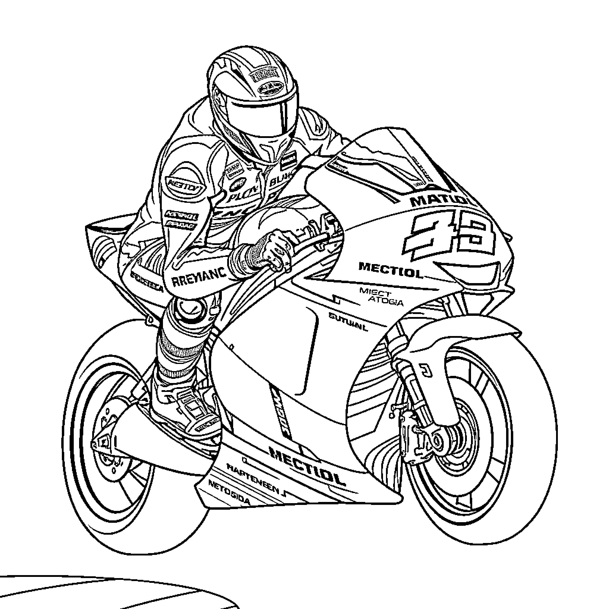 Marc Marquez riding high-speed motorcycle on racetrack Coloring Page (free black-and-white line drawing printable PDF for all, from beginners to advanced learners, including children, teens, adults, and seniors)
