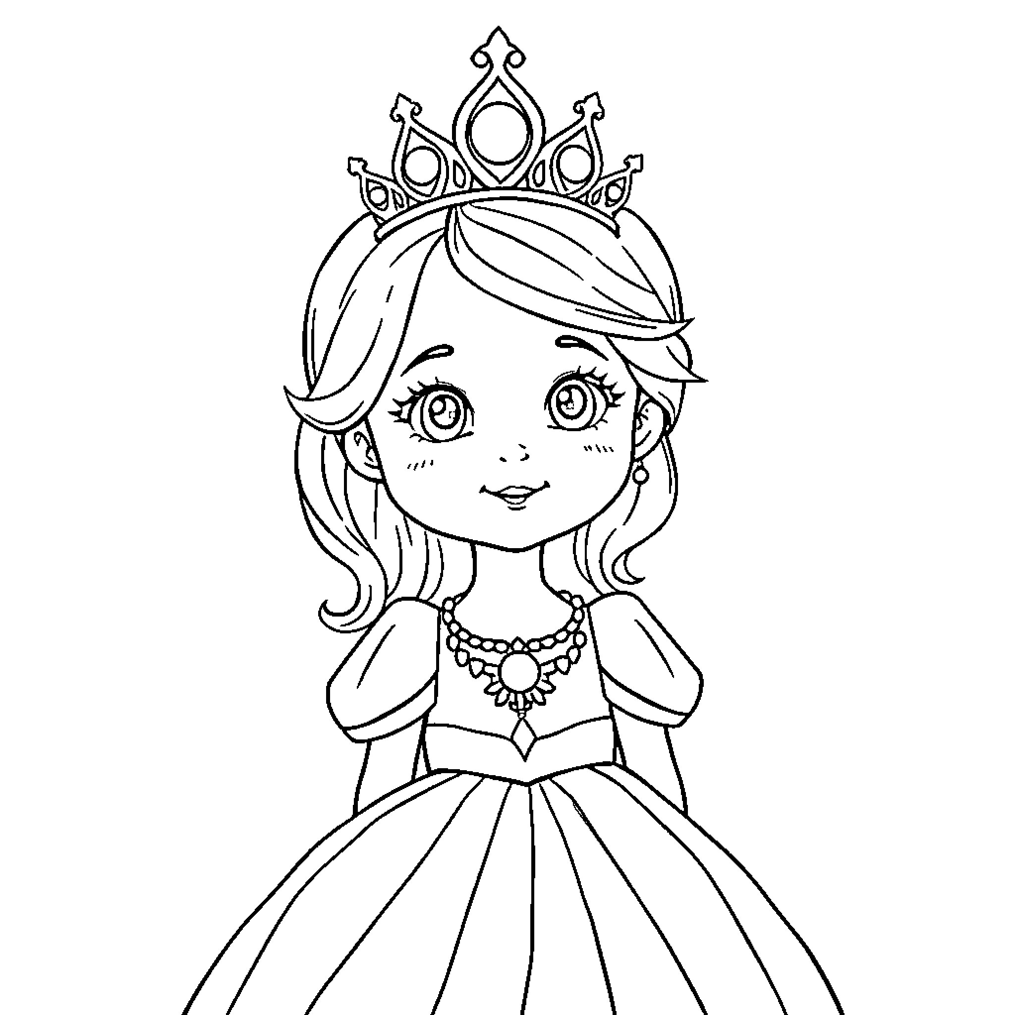 Princess Wearing a Crown and Smiling Happily Coloring Page (free black-and-white line drawing printable PDF for all, from beginners to advanced learners, including children, teens, adults, and seniors)