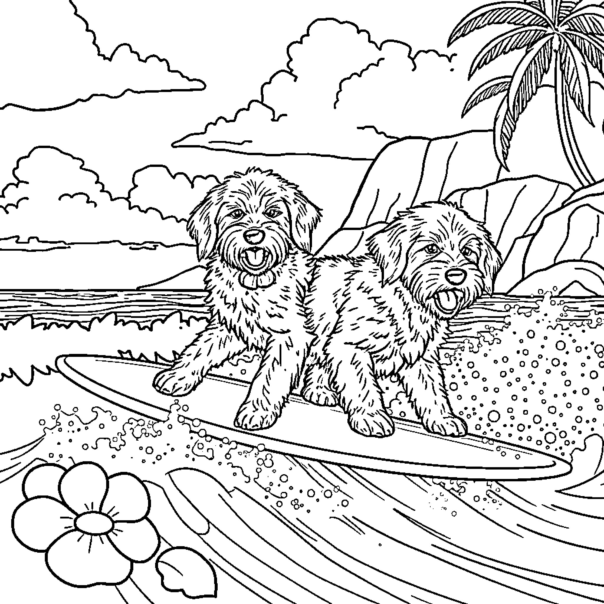 Labradoodle puppies enjoying a day at the beach Coloring Page (free black-and-white line drawing printable PDF for all, from beginners to advanced learners, including children, teens, adults, and seniors)