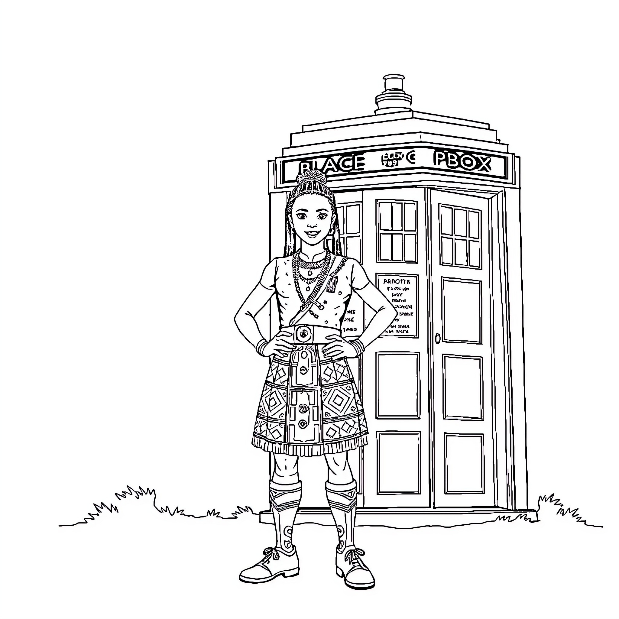 Ncuti Gatwa posing confidently in front of the TARDIS Coloring Page (free black-and-white line drawing printable PDF for all, from beginners to advanced learners, including children, teens, adults, and seniors)