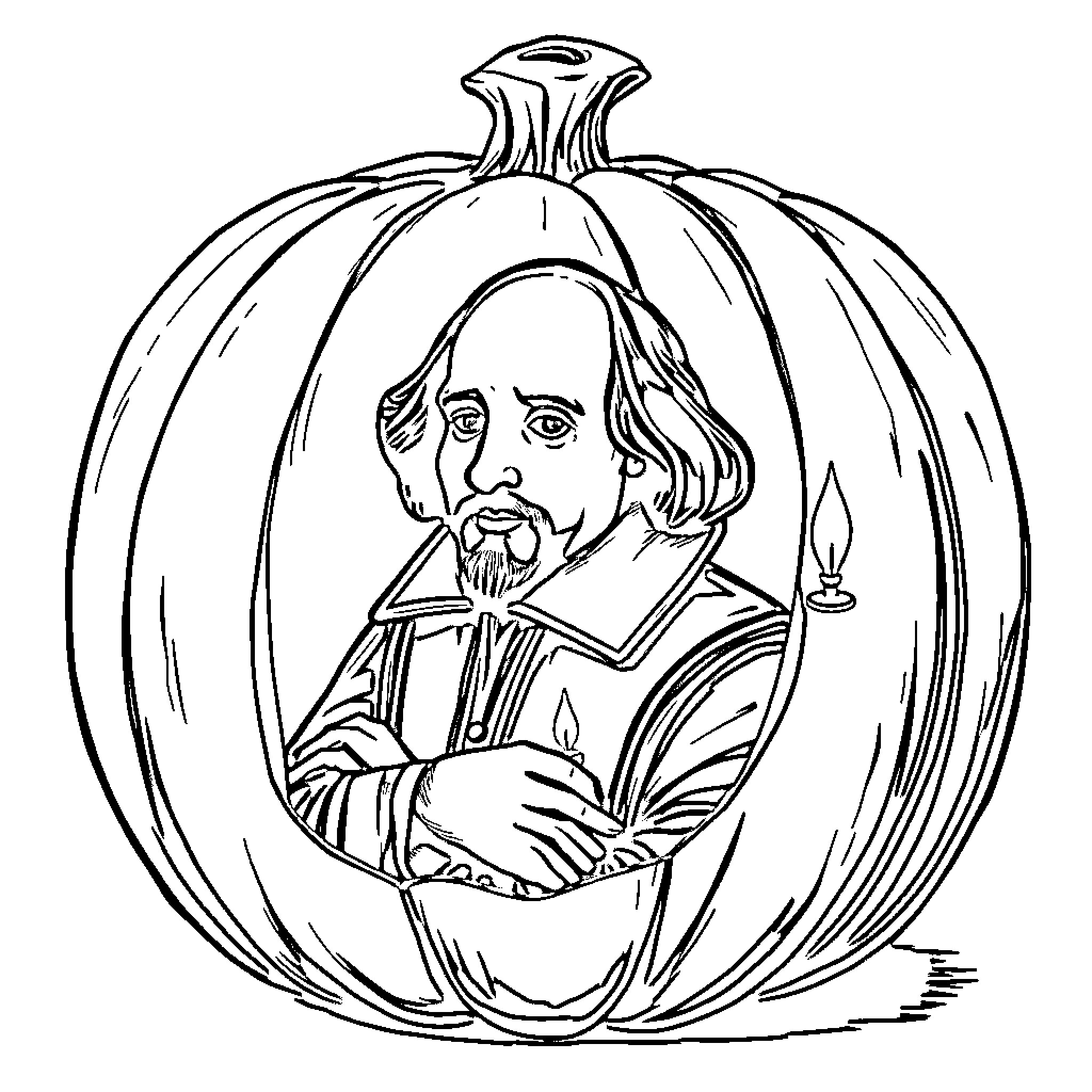Pumpkin with a scholarly figure Coloring Page (free black-and-white line drawing printable PDF for all, from beginners to advanced learners, including children, teens, adults, and seniors)