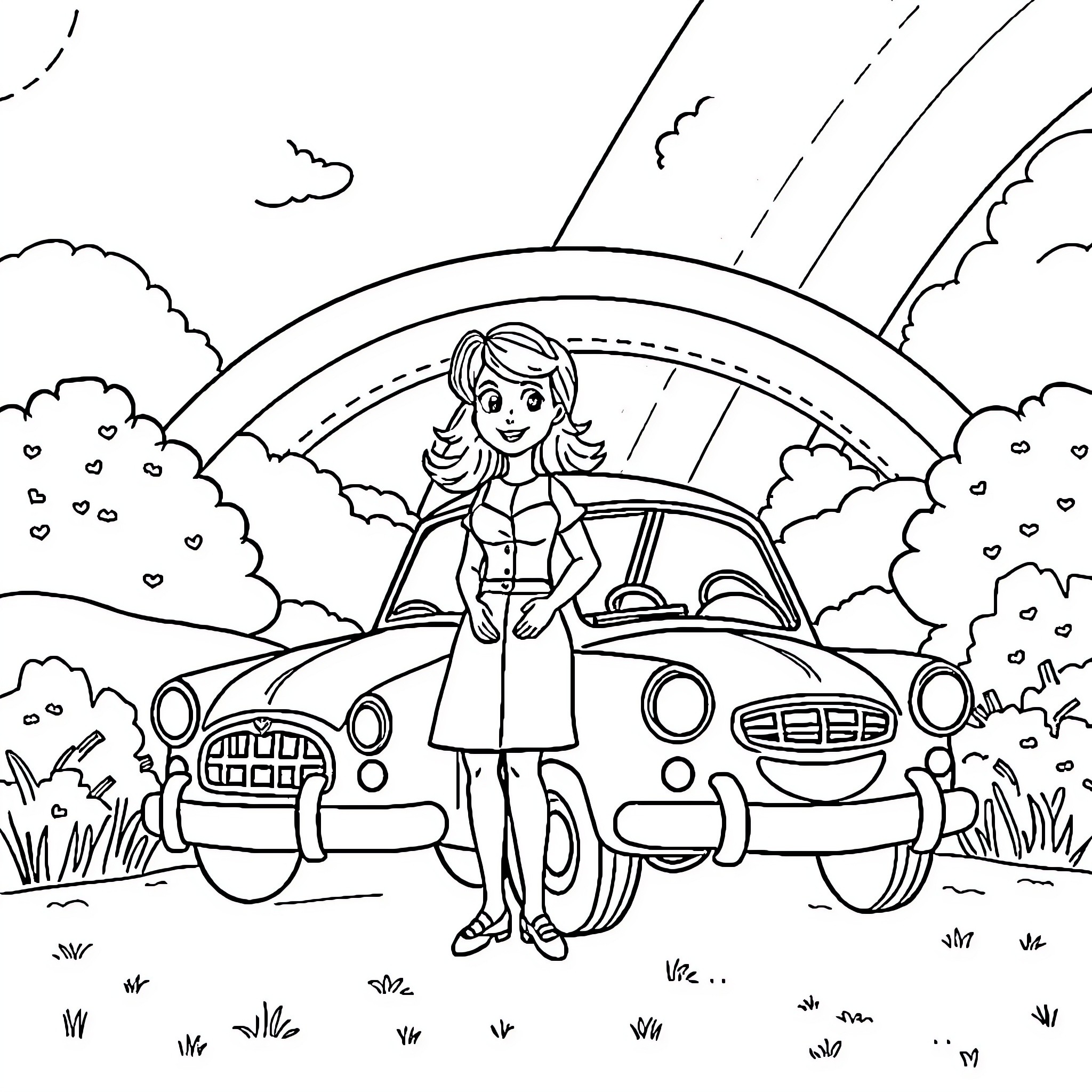 Mrs Rachel's Sunny Day Drive Coloring Page (free black-and-white line drawing printable PDF for all, from beginners to advanced learners, including children, teens, adults, and seniors)
