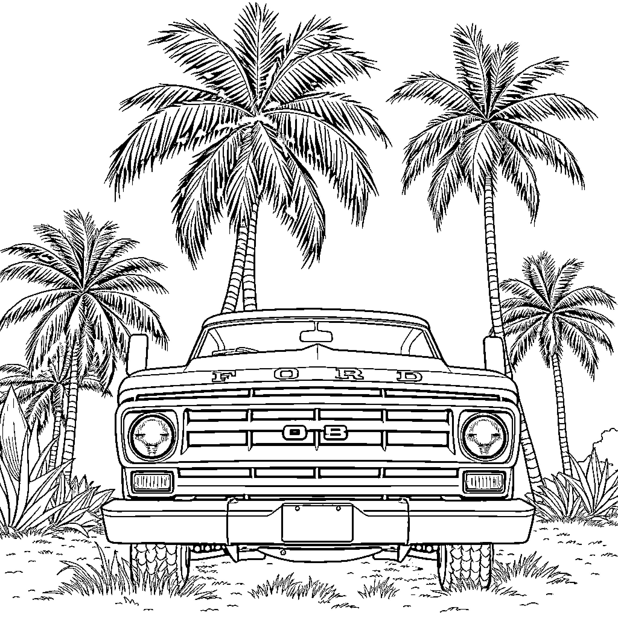Ford Truck parked amidst palm trees on a beach Coloring Page (free black-and-white line drawing printable PDF for all, from beginners to advanced learners, including children, teens, adults, and seniors)
