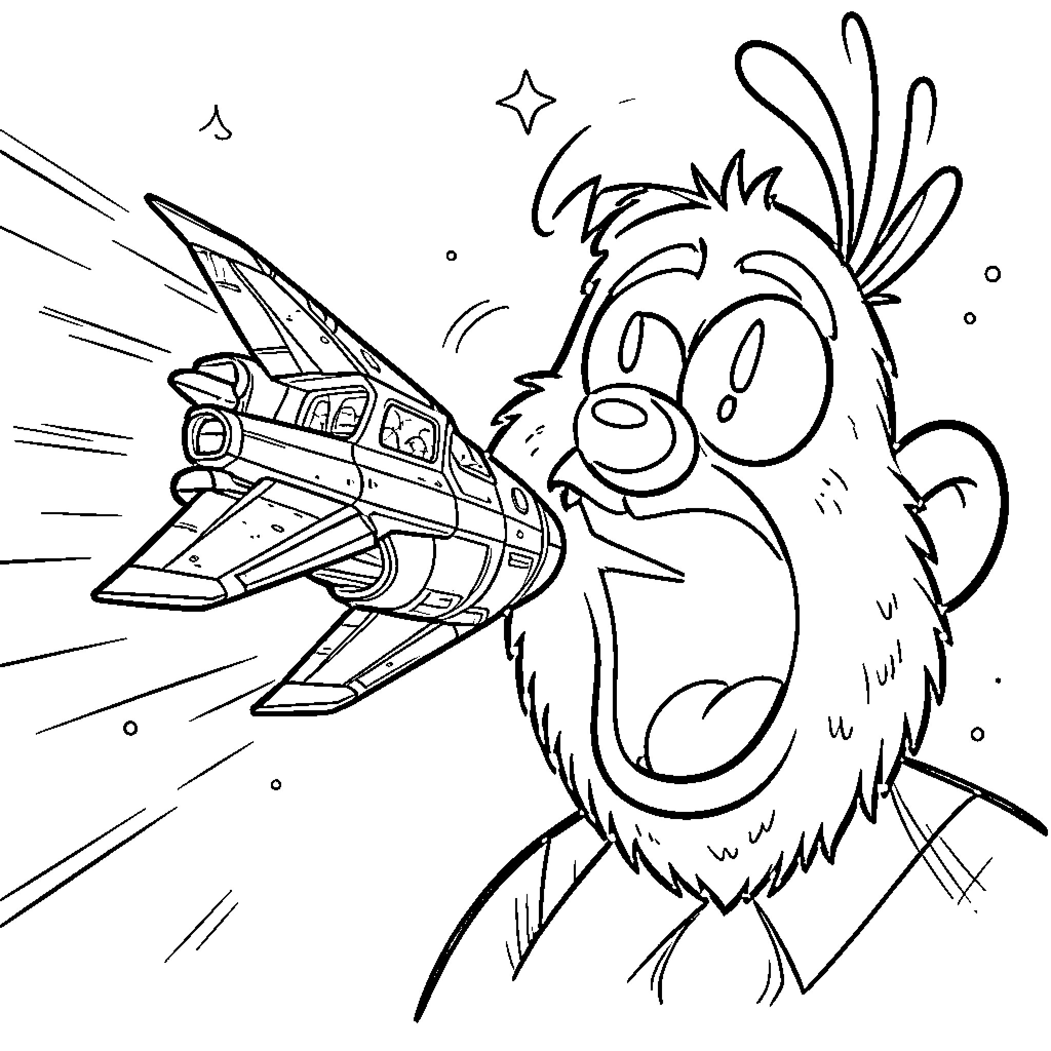 Spaceship flying into a surprised character's mouth Coloring Page (free black-and-white line drawing printable PDF for all, from beginners to advanced learners, including children, teens, adults, and seniors)