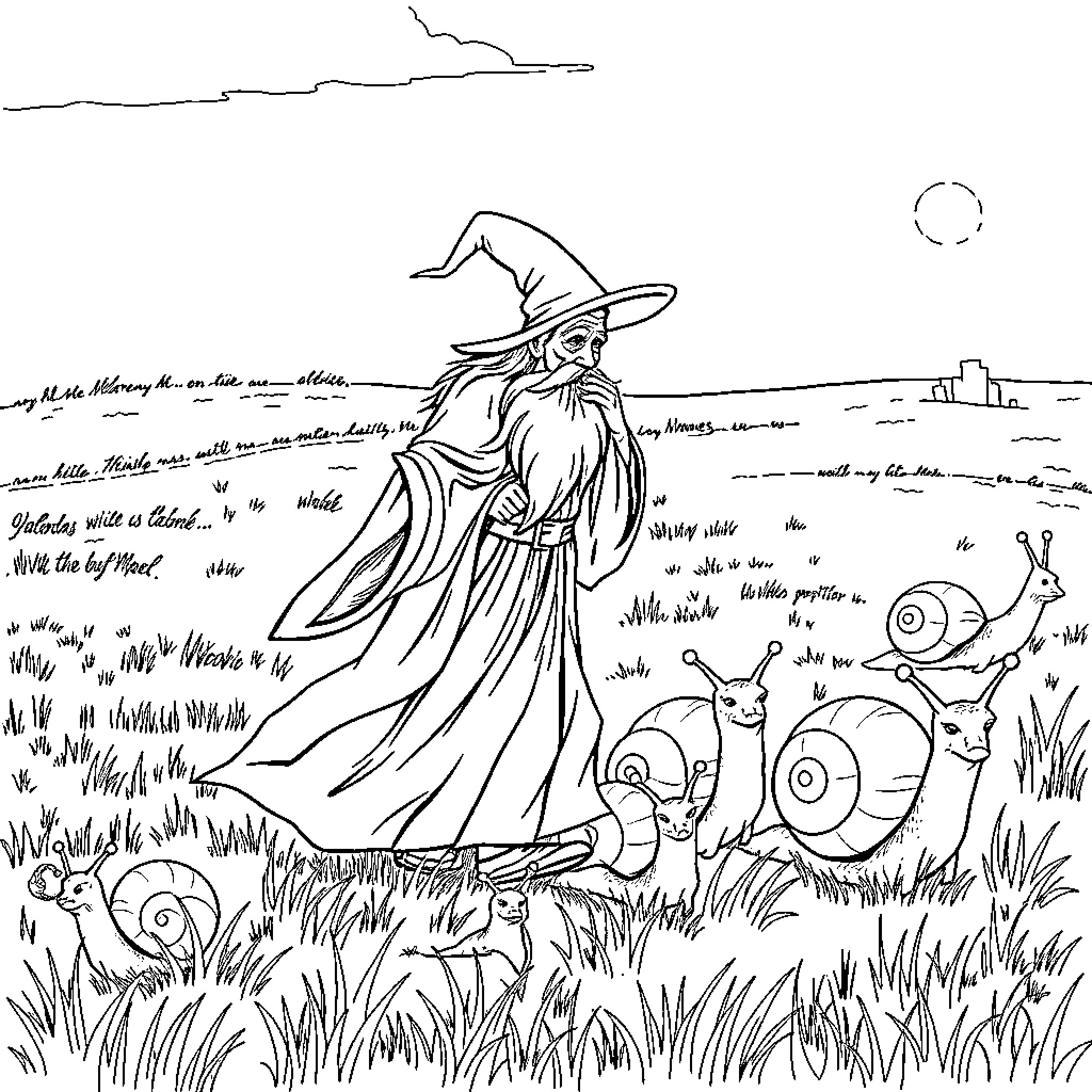 Wizard walking in a magical meadow with whimsical creatures Coloring Page (free black-and-white line drawing printable PDF for all, from beginners to advanced learners, including children, teens, adults, and seniors)