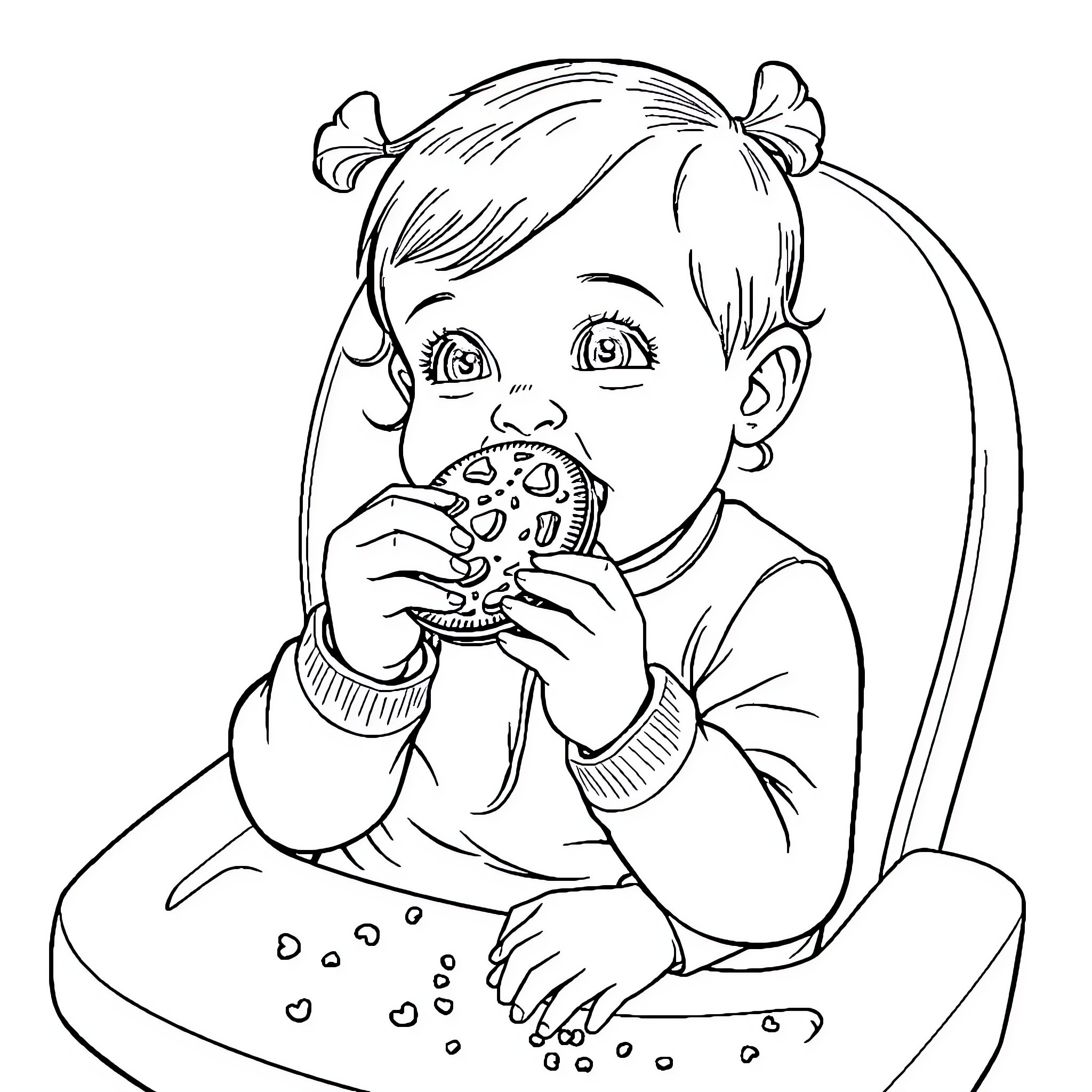 Baby happily eating a snack Coloring Page (free black-and-white line drawing printable PDF for all, from beginners to advanced learners, including children, teens, adults, and seniors)
