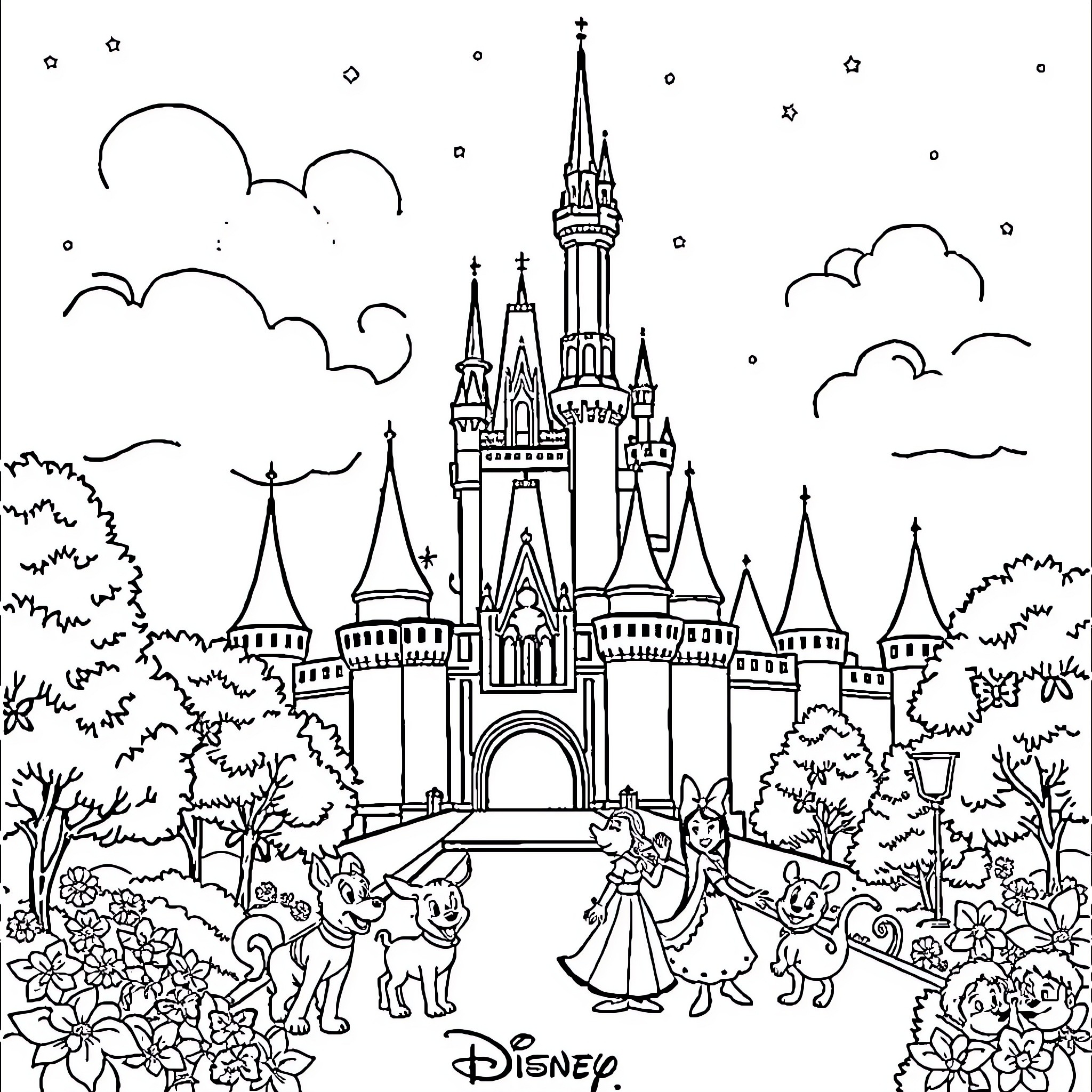 Disney's enchanting castle and characters in the park Coloring Page (free black-and-white line drawing printable PDF for all, from beginners to advanced learners, including children, teens, adults, and seniors)