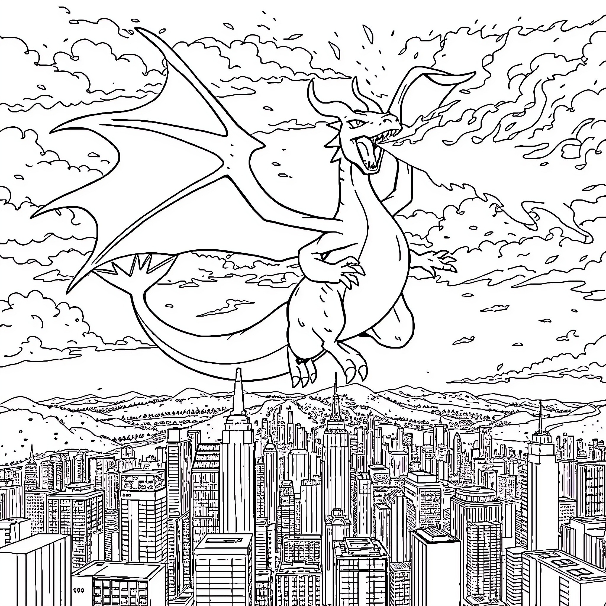 Charizard soaring over the city skyline Coloring Page (free black-and-white line drawing printable PDF for all, from beginners to advanced learners, including children, teens, adults, and seniors)