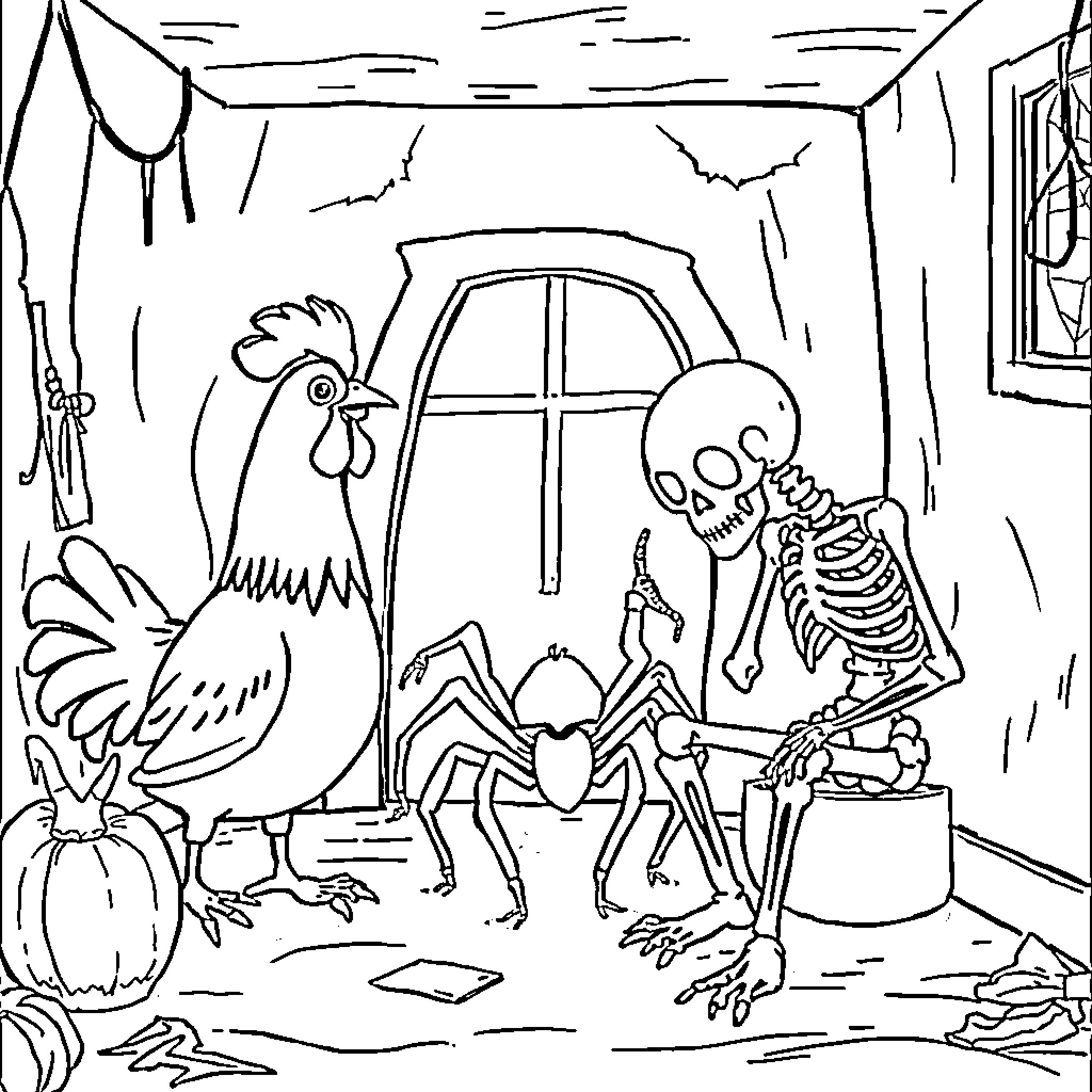 Chicken and Skeleton Explore Spooky Barn Coloring Page (free black-and-white line drawing printable PDF for all, from beginners to advanced learners, including children, teens, adults, and seniors)